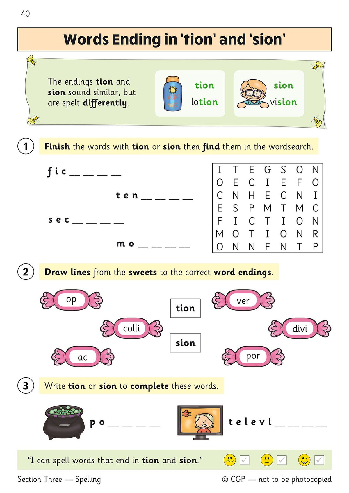 Spelling activity page featuring word endings and wordsearch puzzle