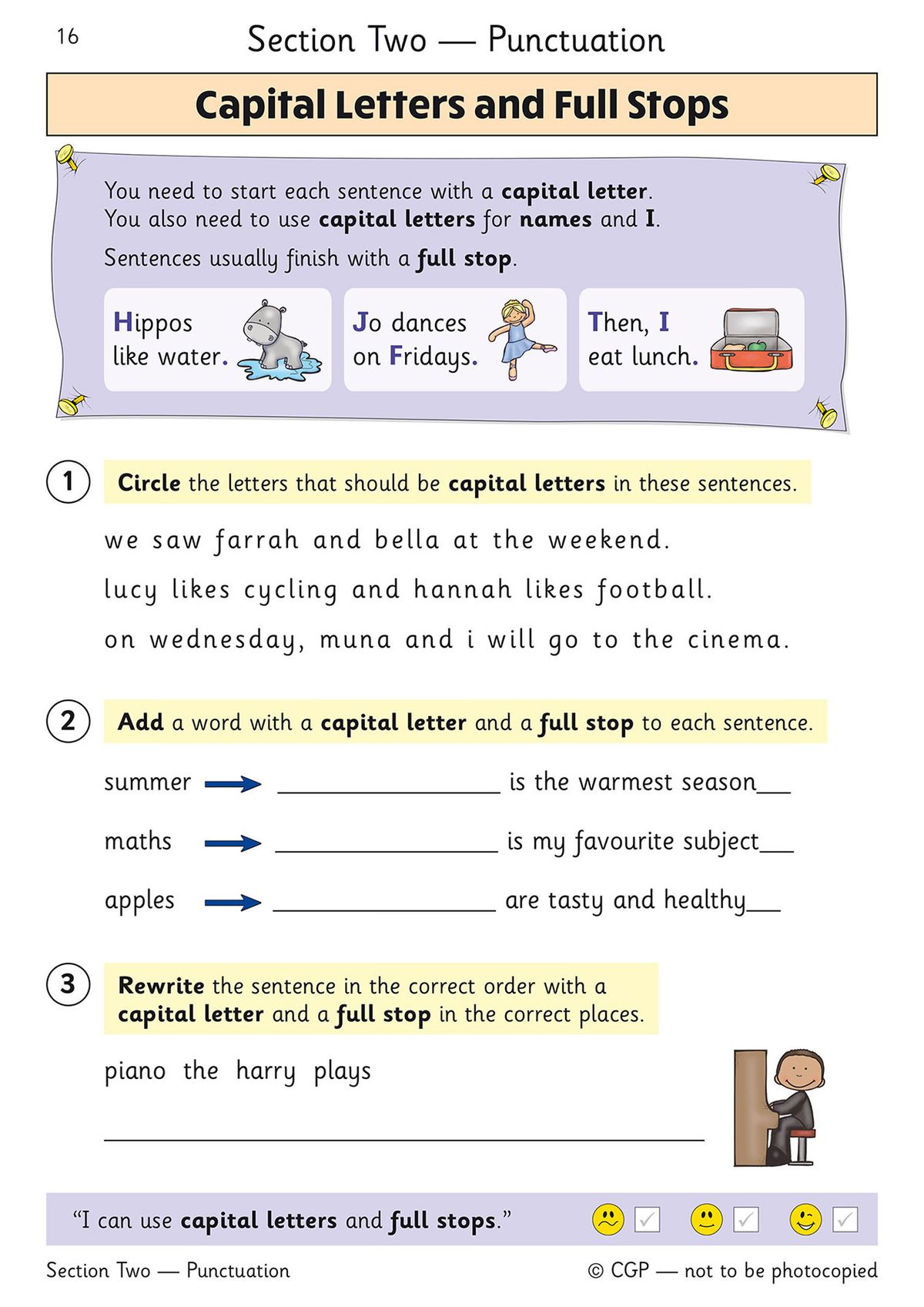 Sample page showing capital letters and full stops activities with colourful examples