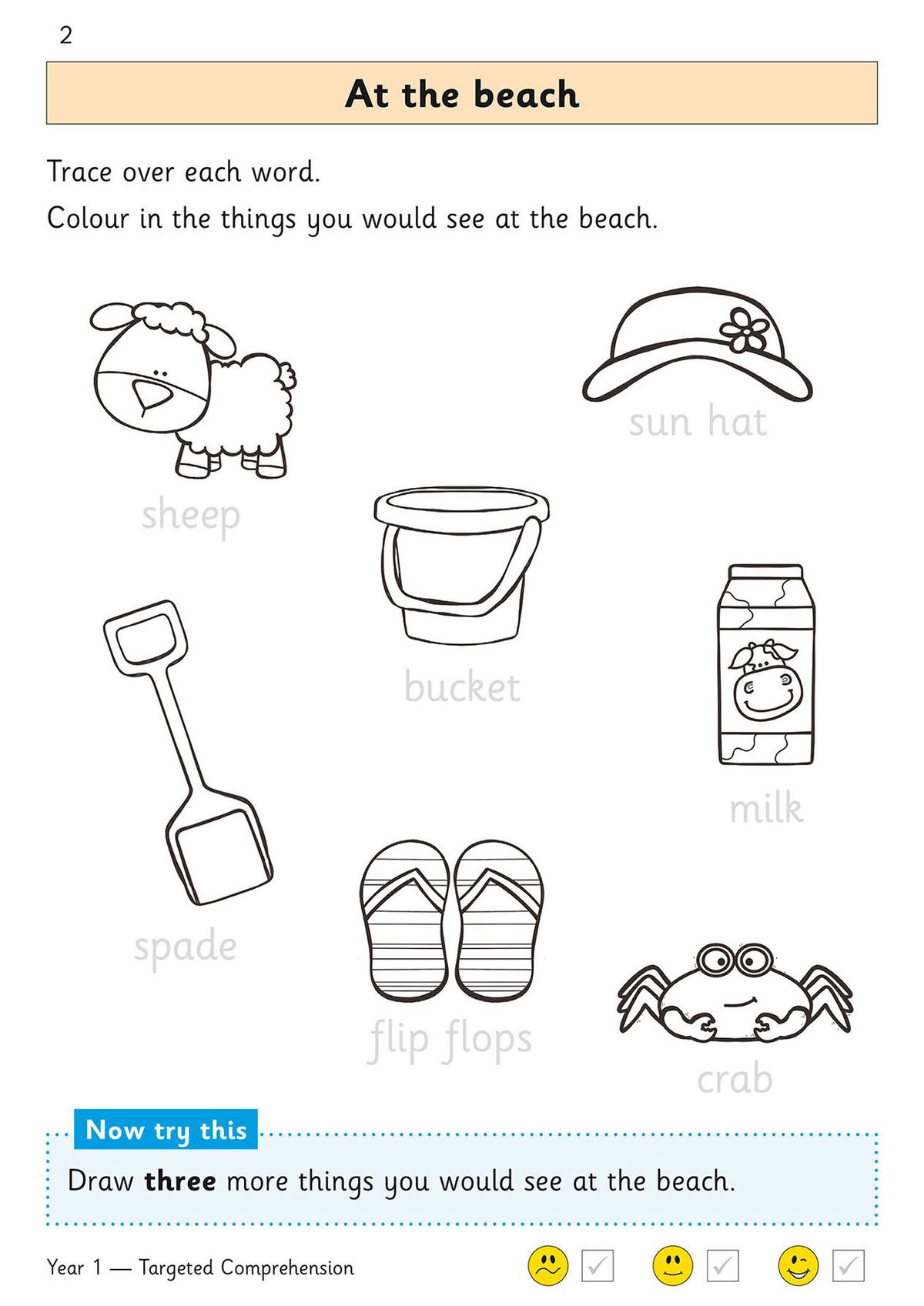 Sample page showing 'At the beach' activity with word tracing and colouring tasks