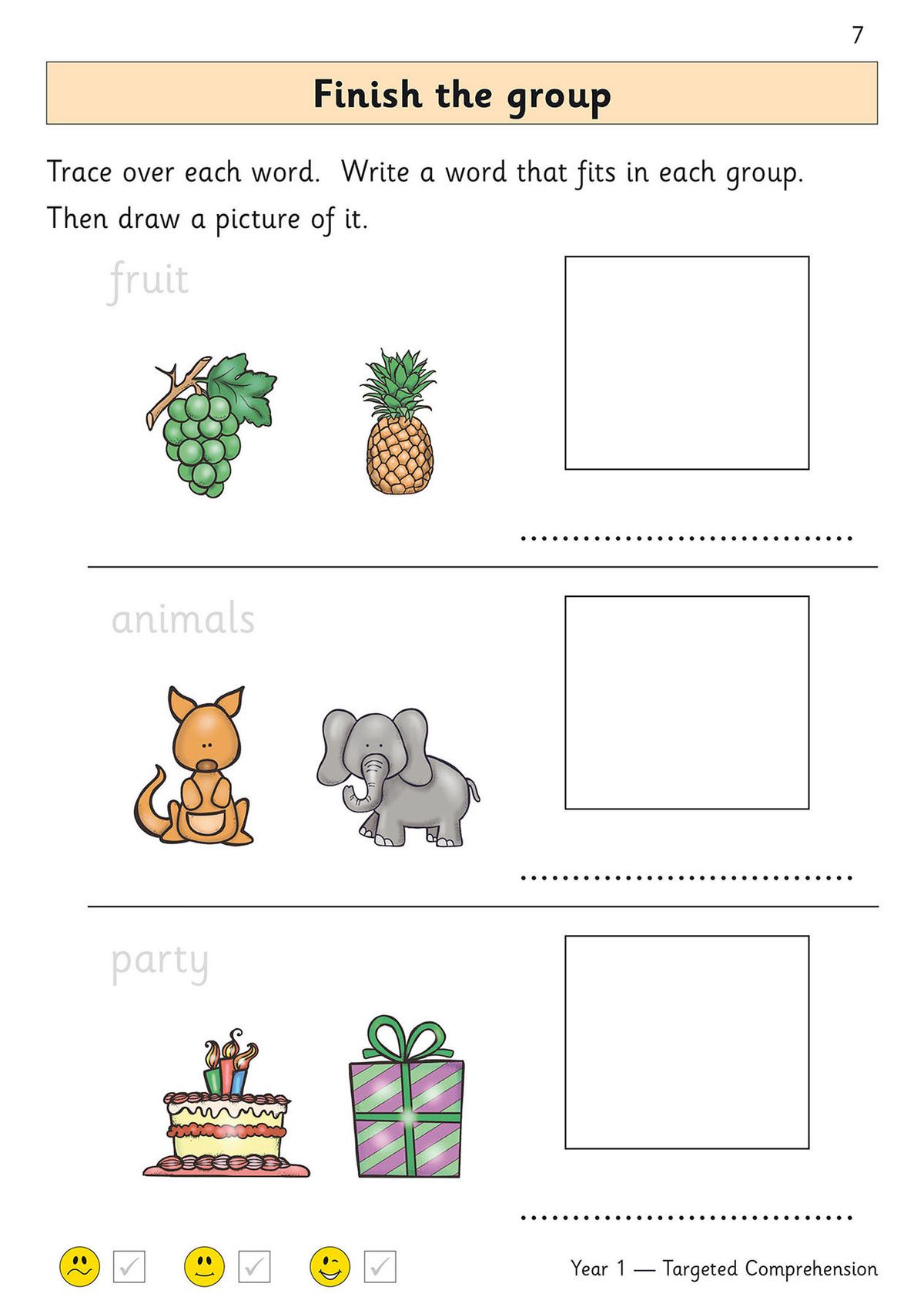 Sample page showing 'Finish the group' activity with categories and drawing tasks