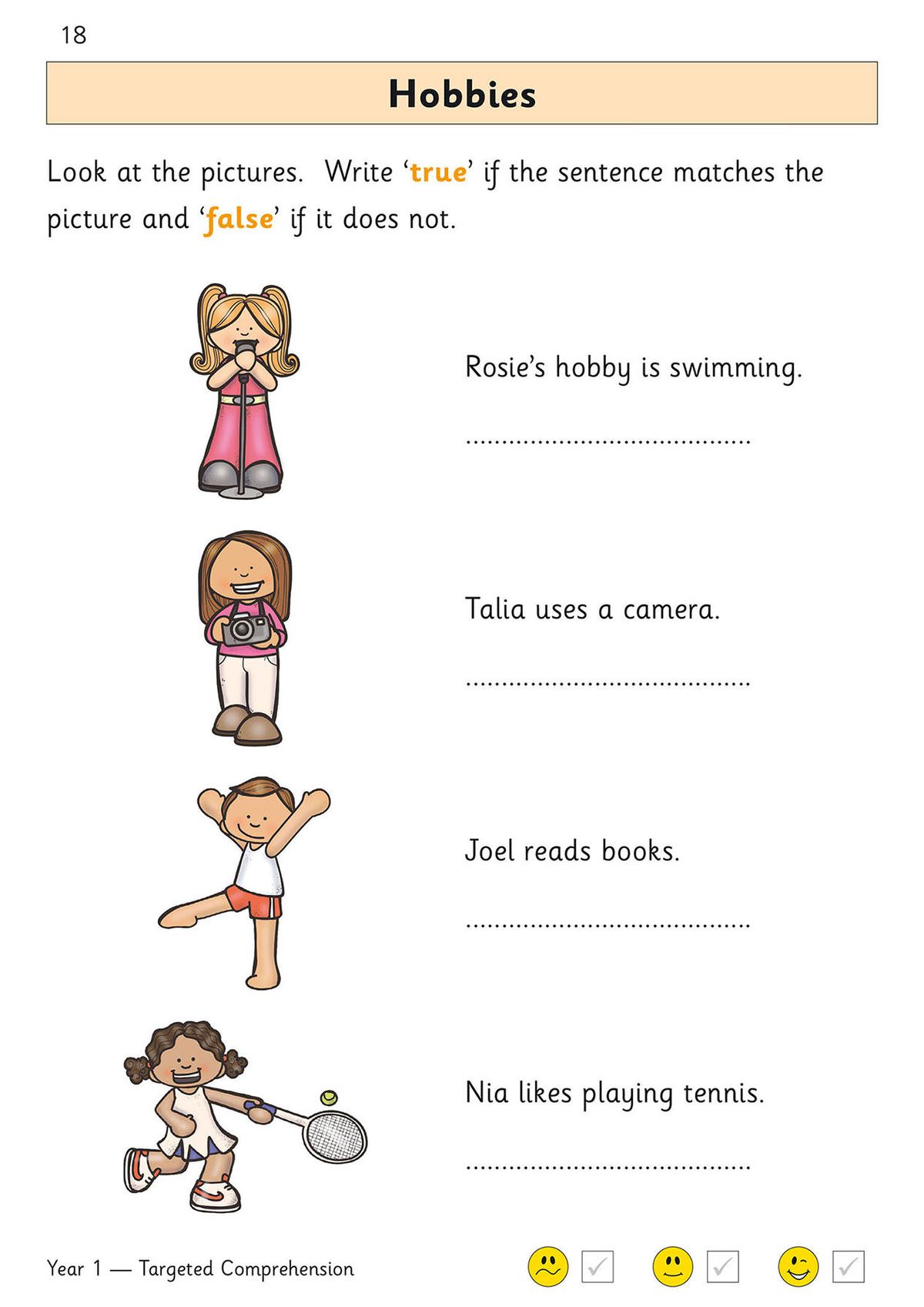 Sample activity page with table-based comprehension exercise and character illustrations