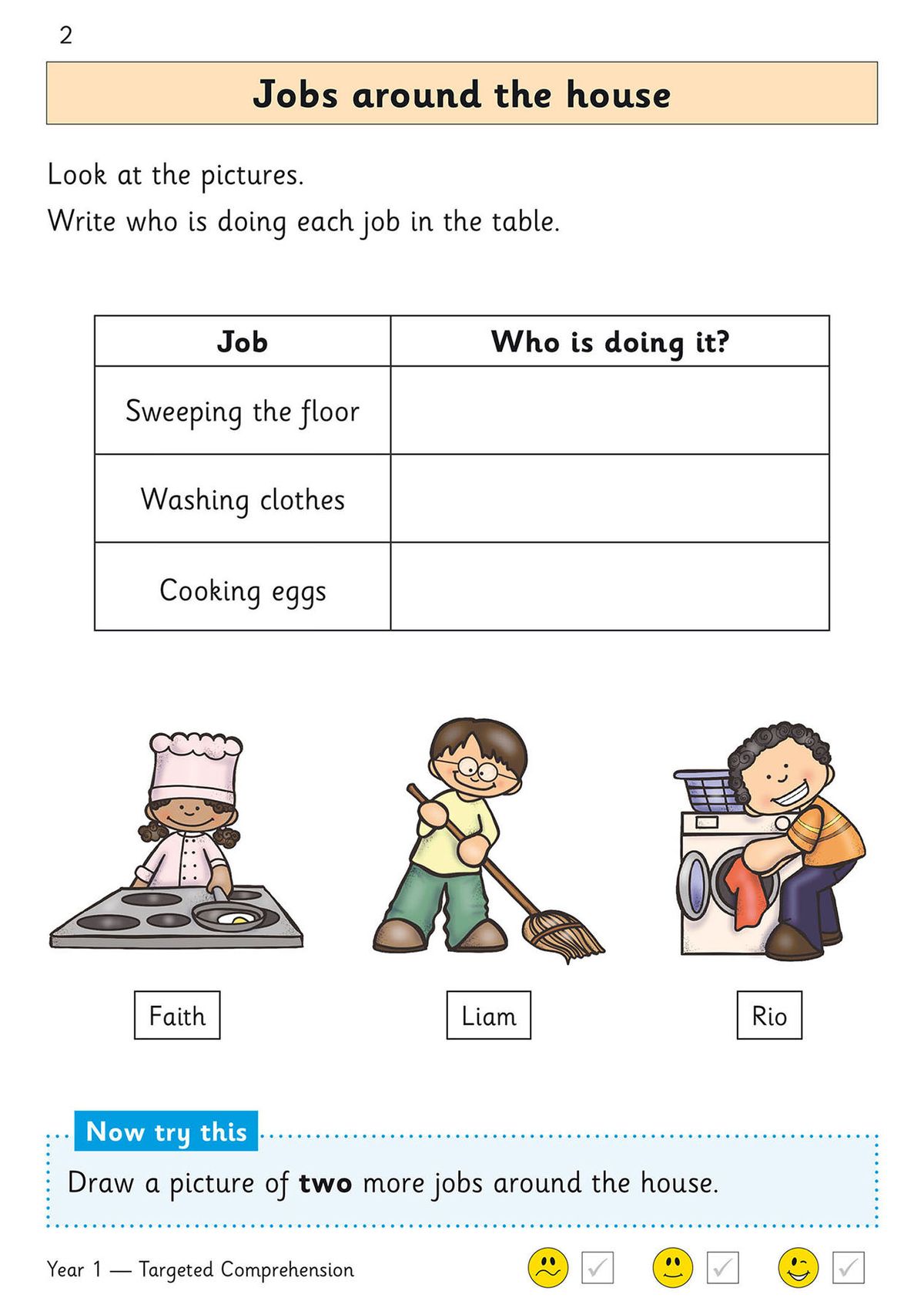 Sample comprehension page showing colourful illustrations and varied question styles