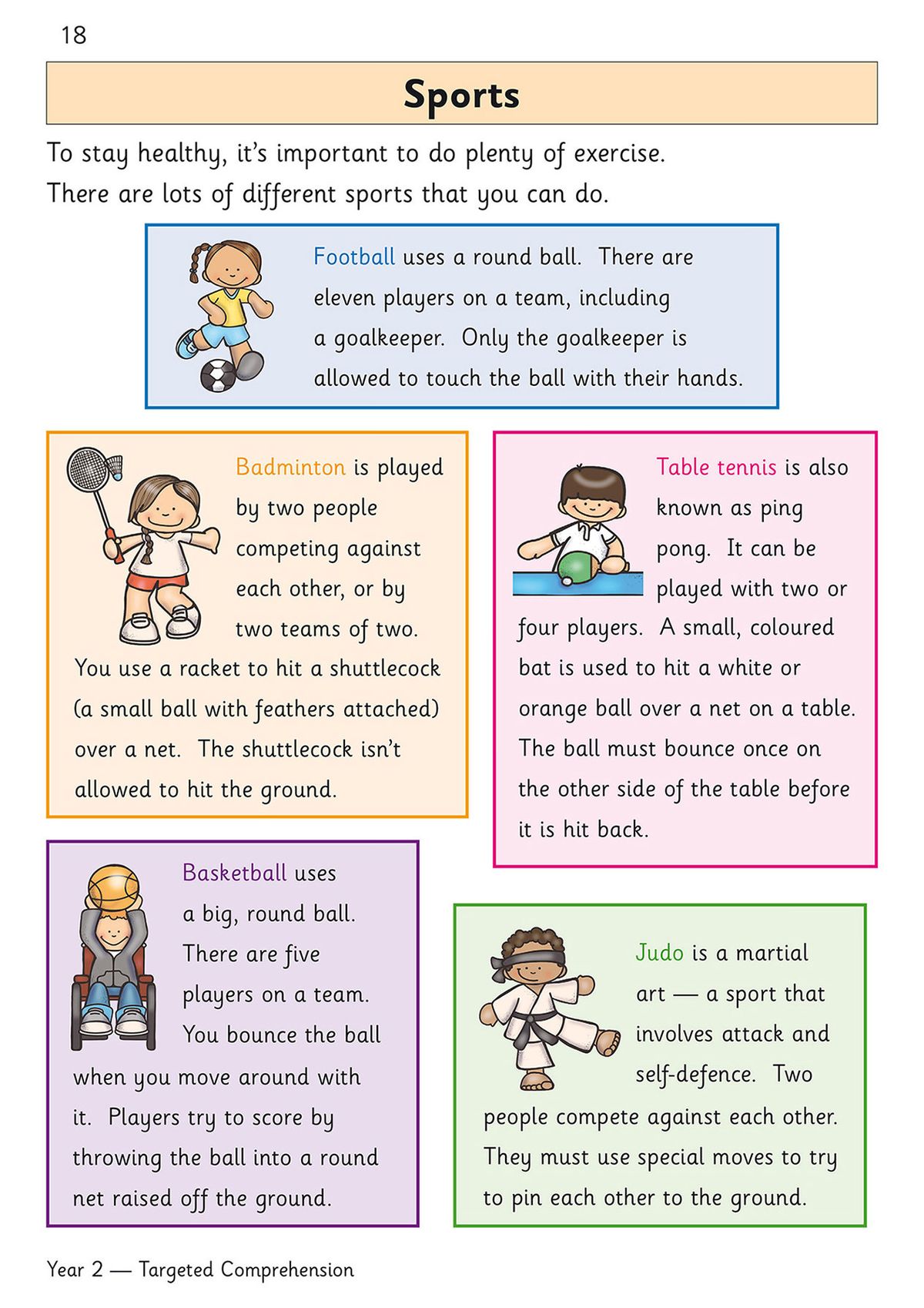 Sports information page with colourful text boxes