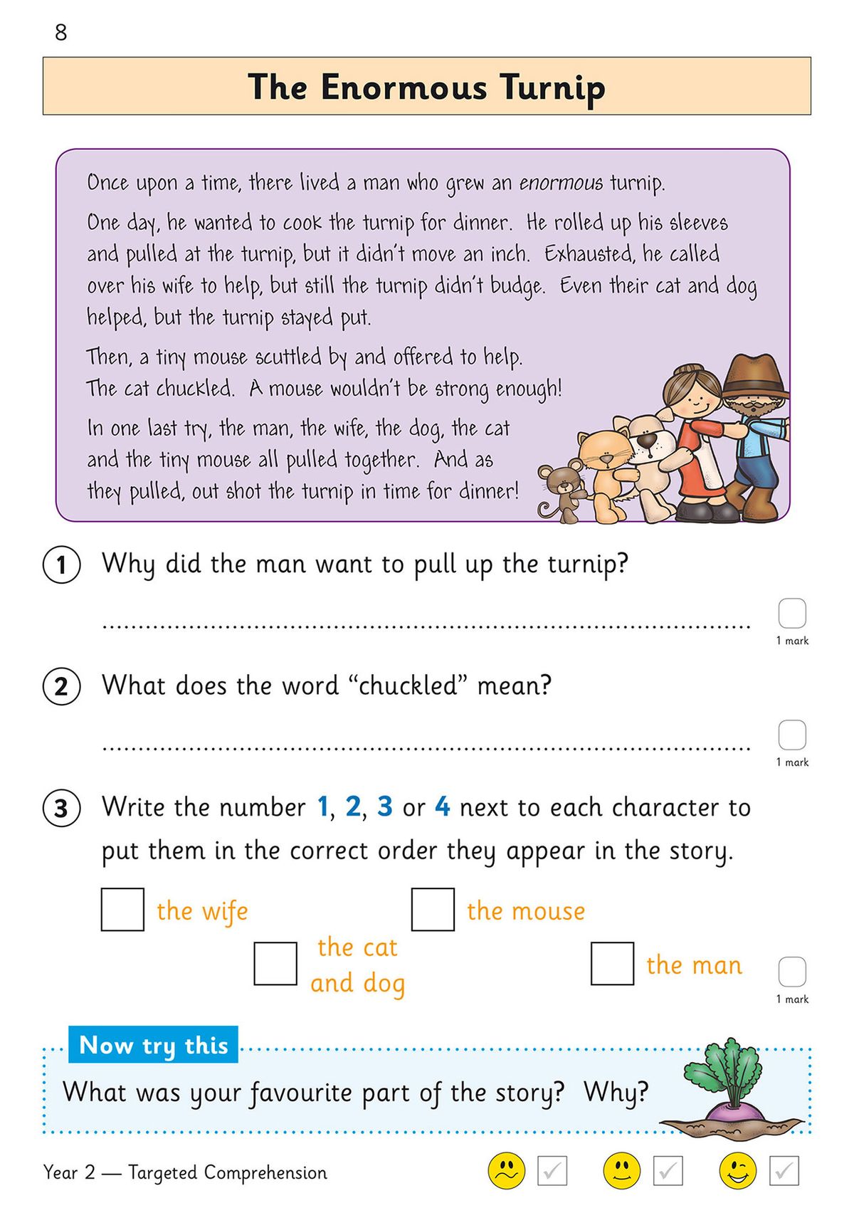 Sample page from Year 2 reading comprehension workbook featuring The Enormous Turnip story with comprehension questions