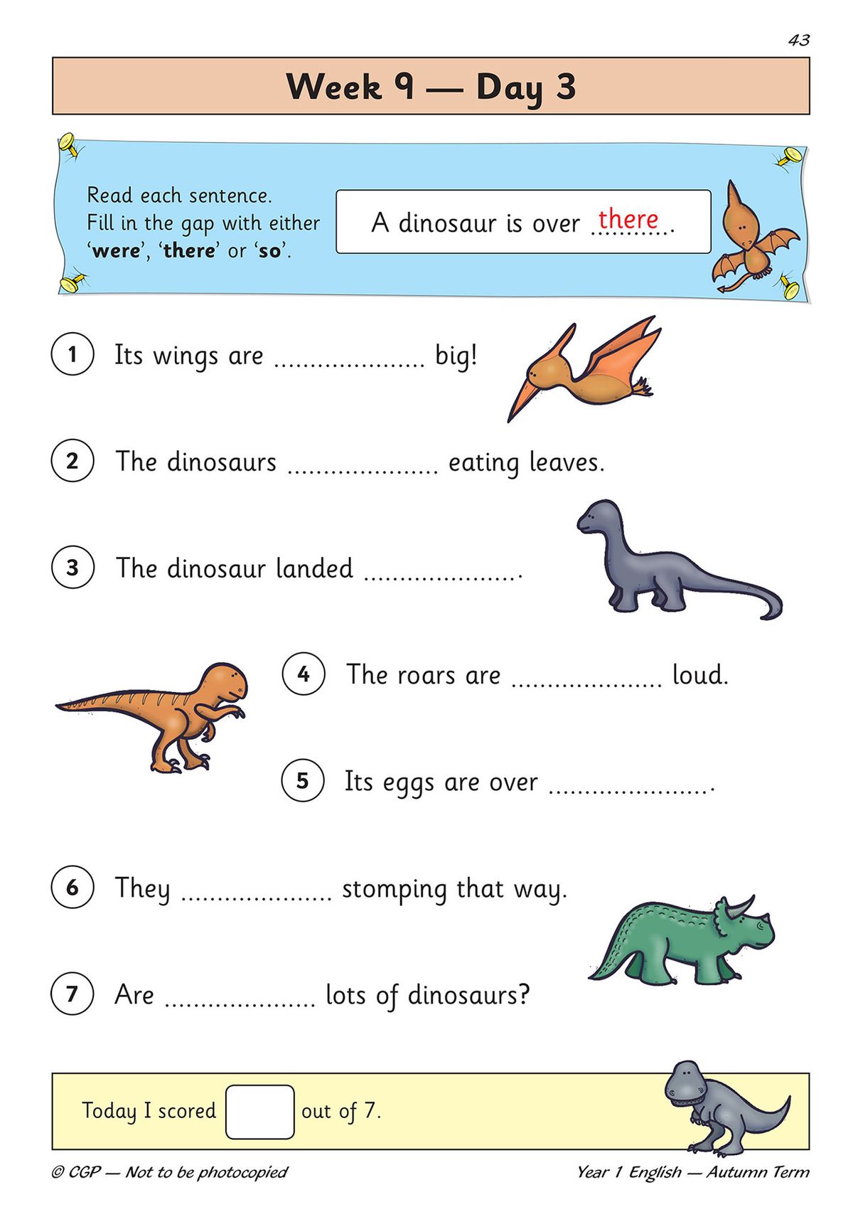 Practice page with fill-in-the-gap sentences and dinosaur illustrations