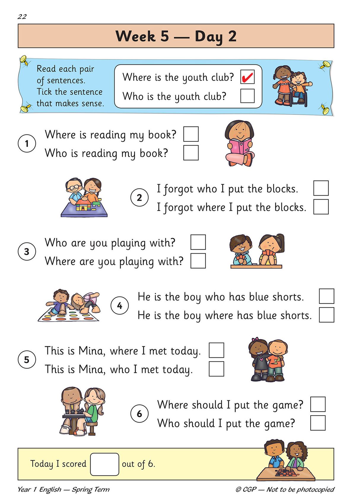 Sample workbook page showing a Week 5 Day 2 activity on choosing correct question words 'where' or 'who' with tick-box answers