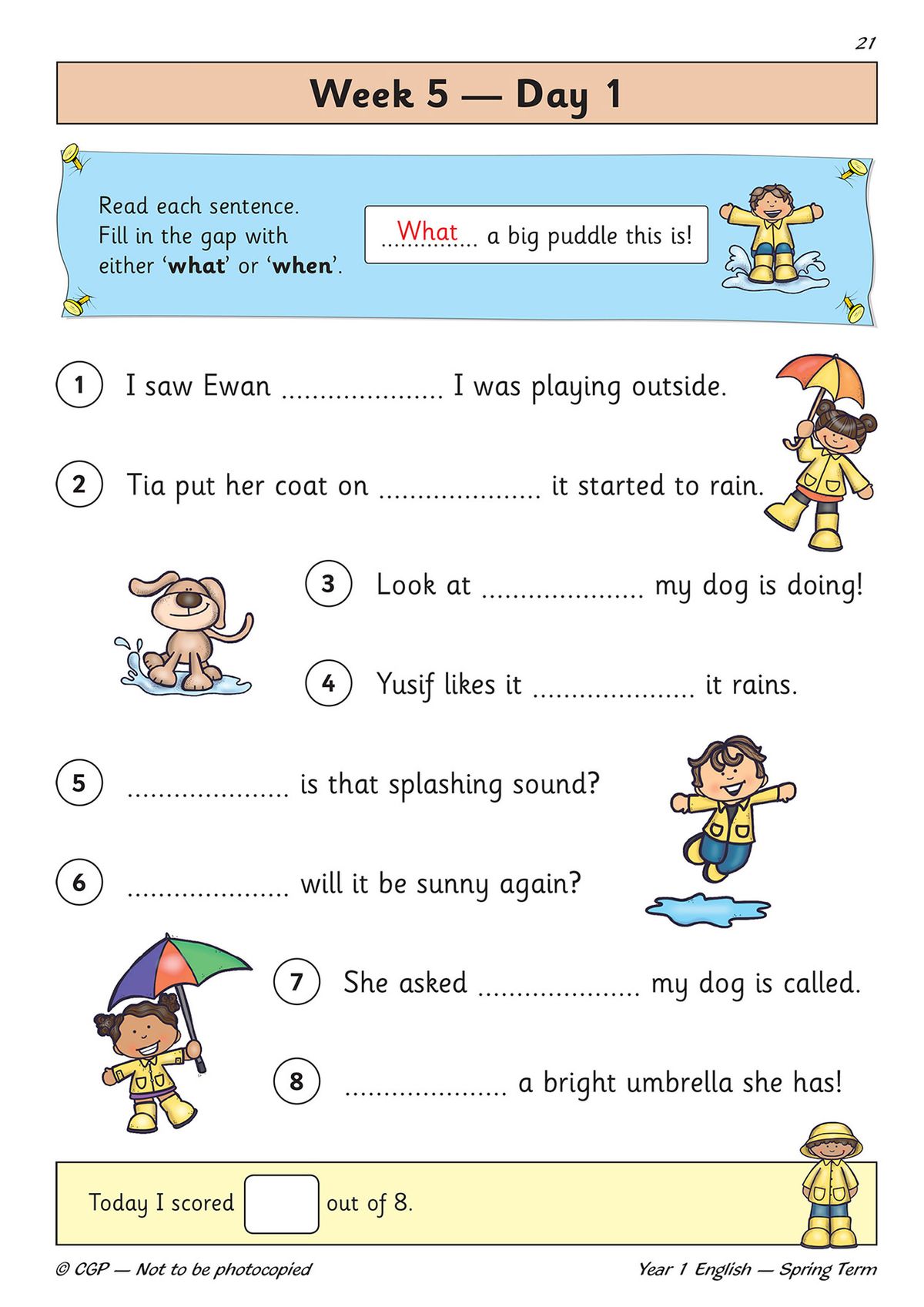 Sample workbook page showing a Week 5 Day 1 activity on choosing 'what' or 'when' to complete sentences, with colourful illustrations