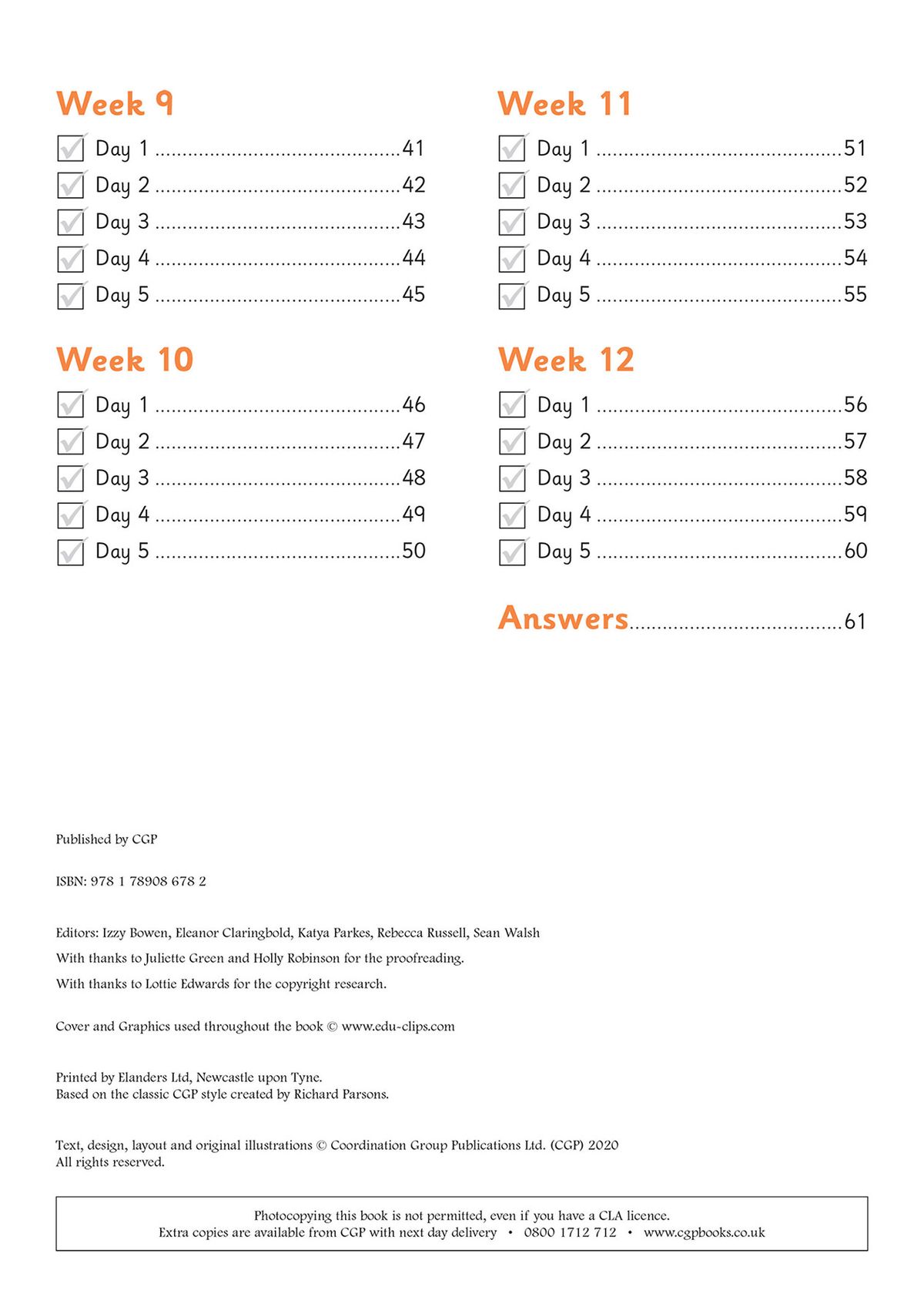 Contents page showing weekly schedule with tick-boxes and answers section