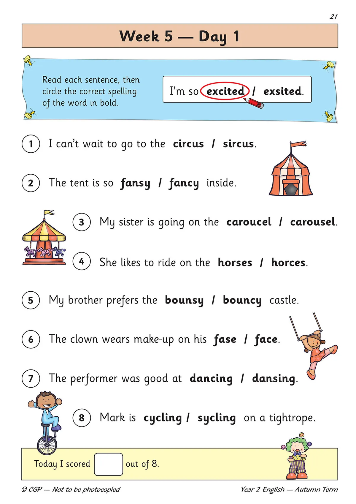 Sample daily spelling activity with circus-themed questions