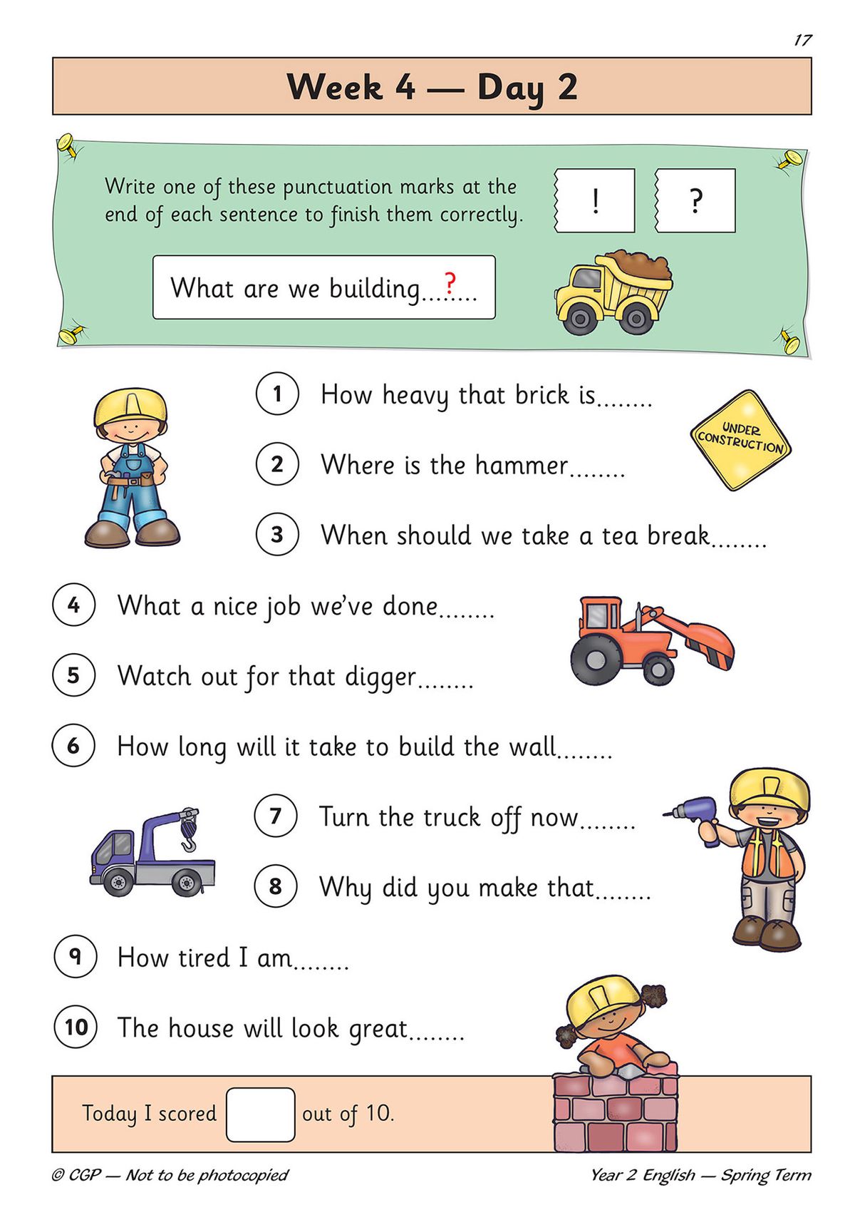 Daily punctuation practice page from Week 4 Day 2 showing question and exclamation mark exercises