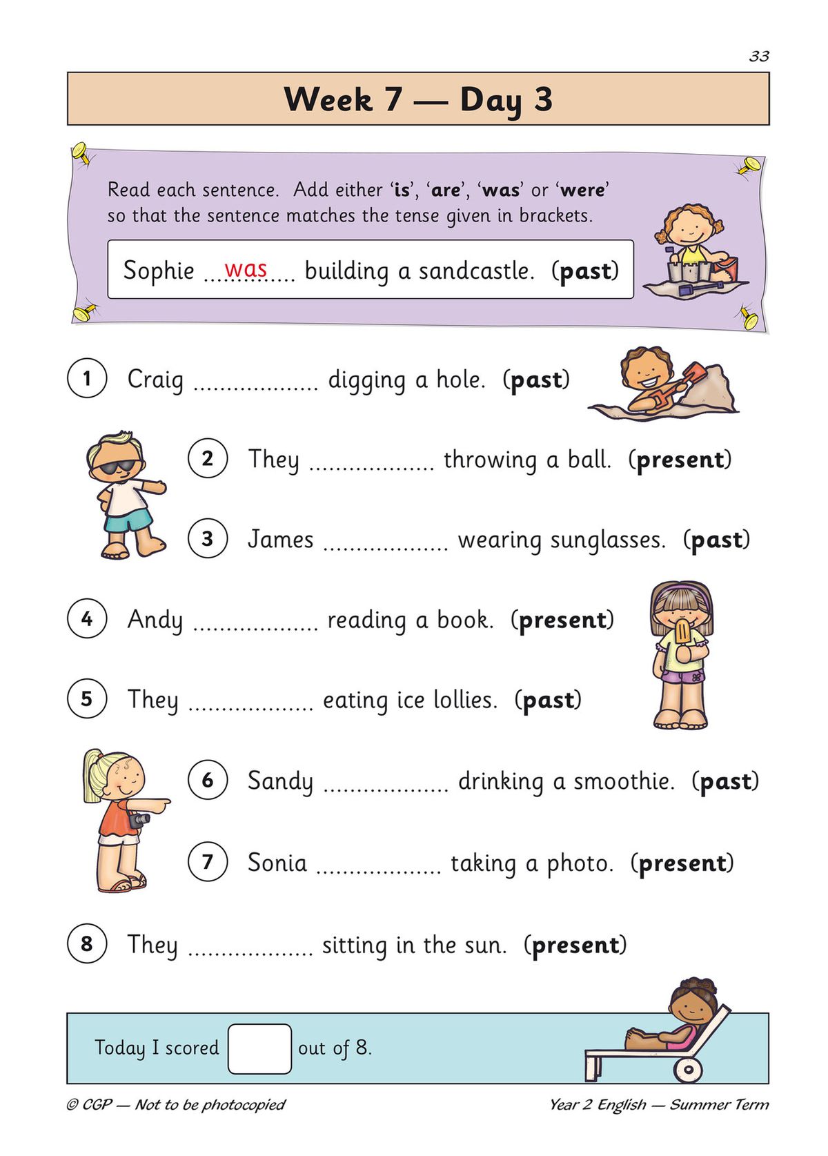 Inside page showing verb tense exercises with colourful illustrations and self-scoring boxes