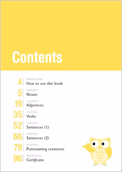 Contents page of the KS1 Grammar and Punctuation Workbook listing chapters on nouns, verbs, sentences and punctuation