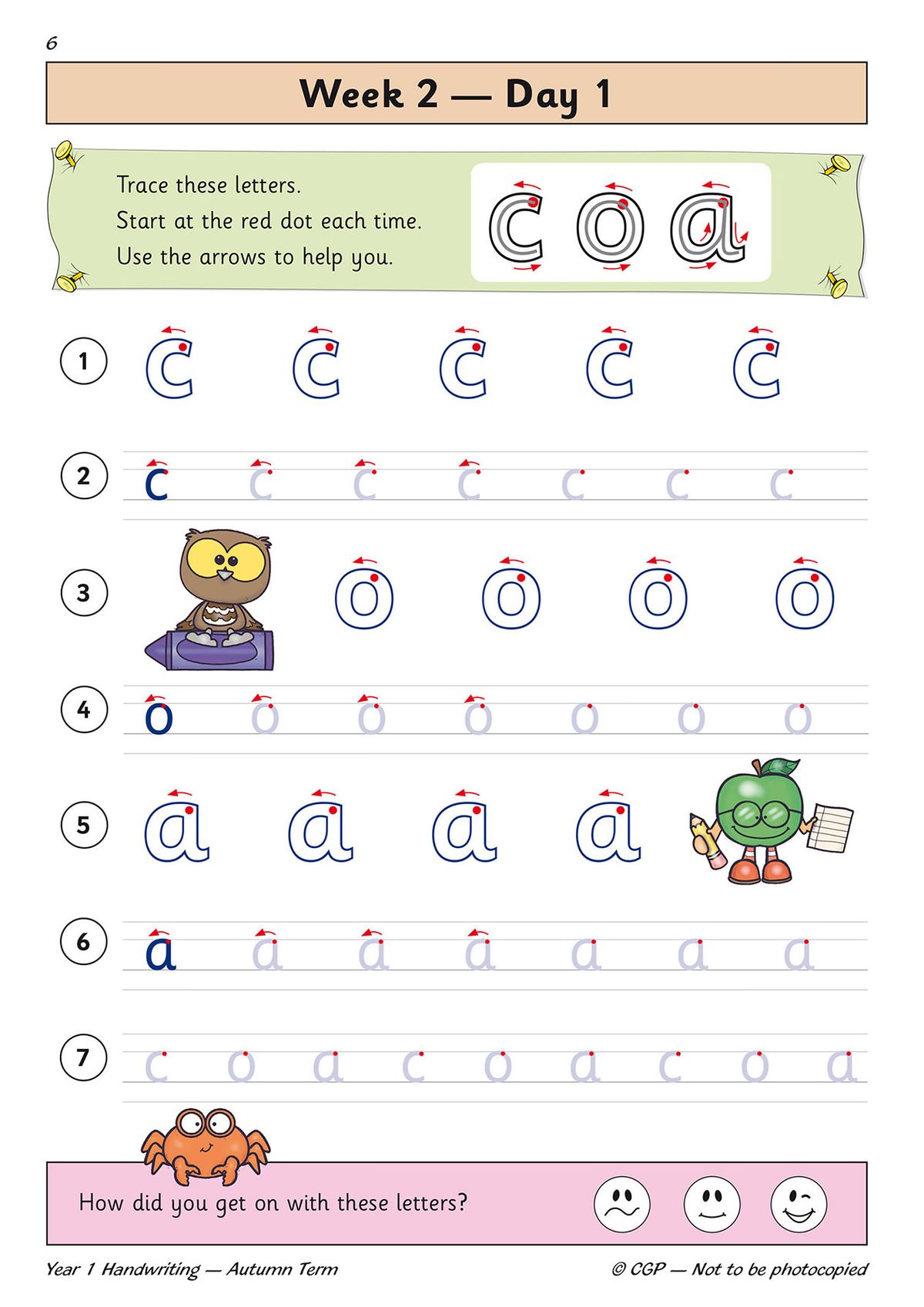 Inside page showing letter tracing and copying activities with directional arrows and fun illustrations