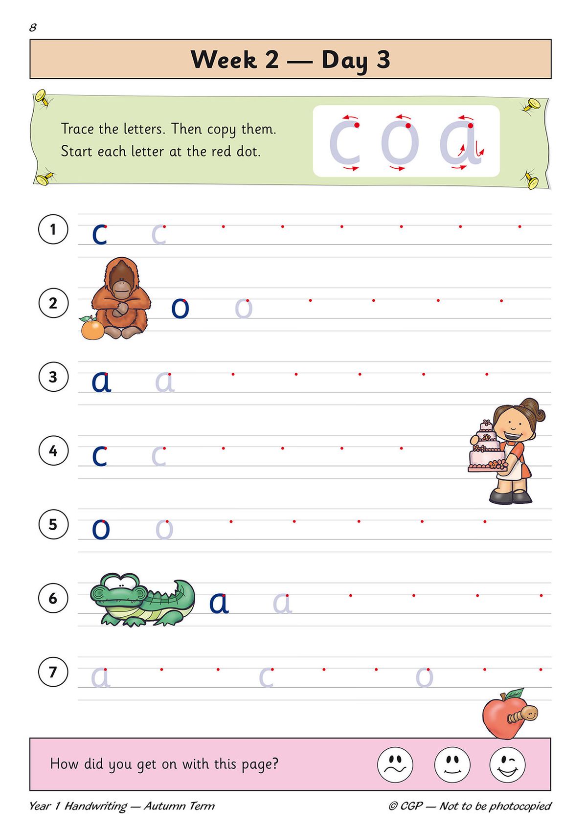 Sample page with letter copying exercises, lined practice rows and cartoon illustrations