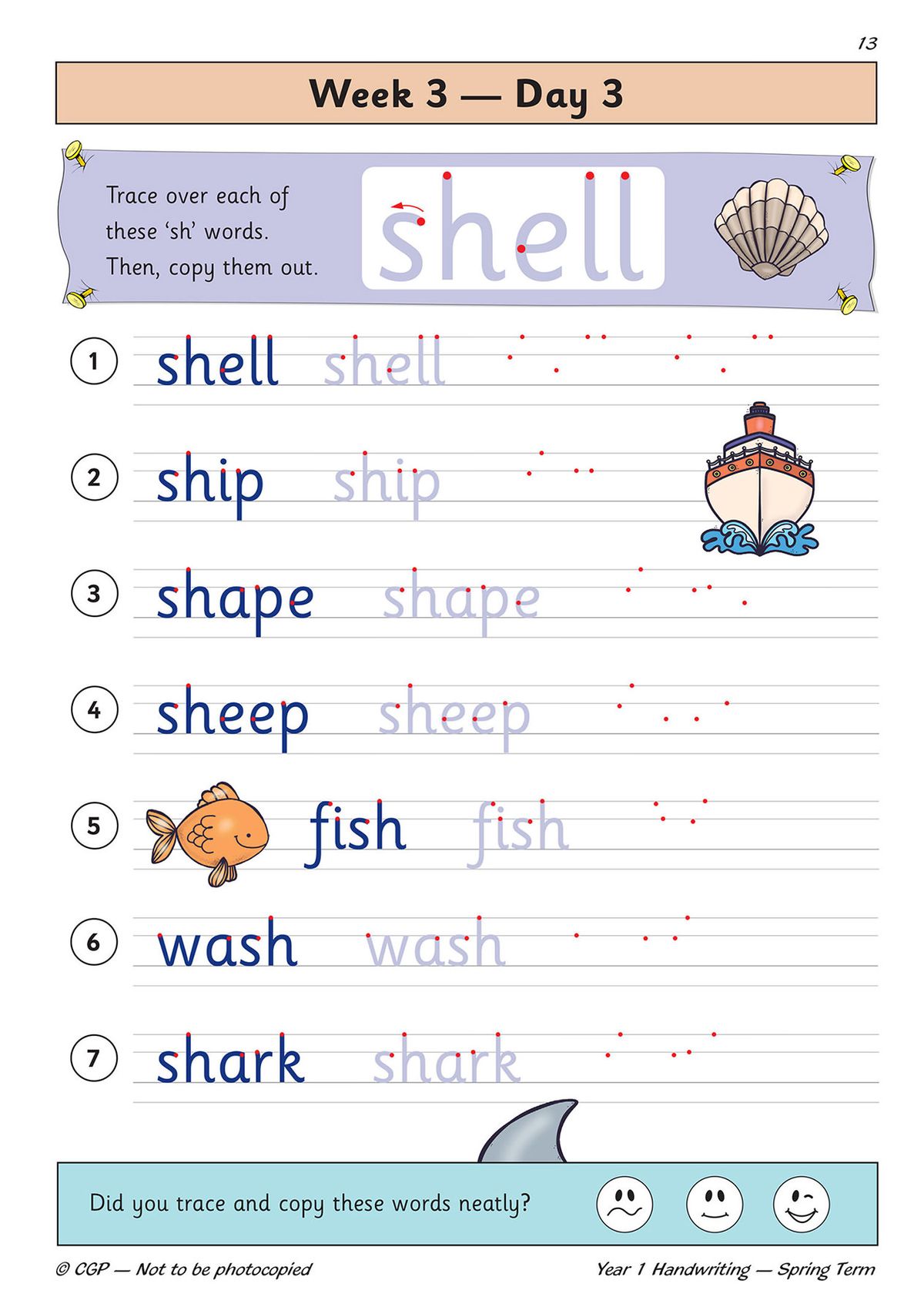 Handwriting practice page with themed words and tracing exercises