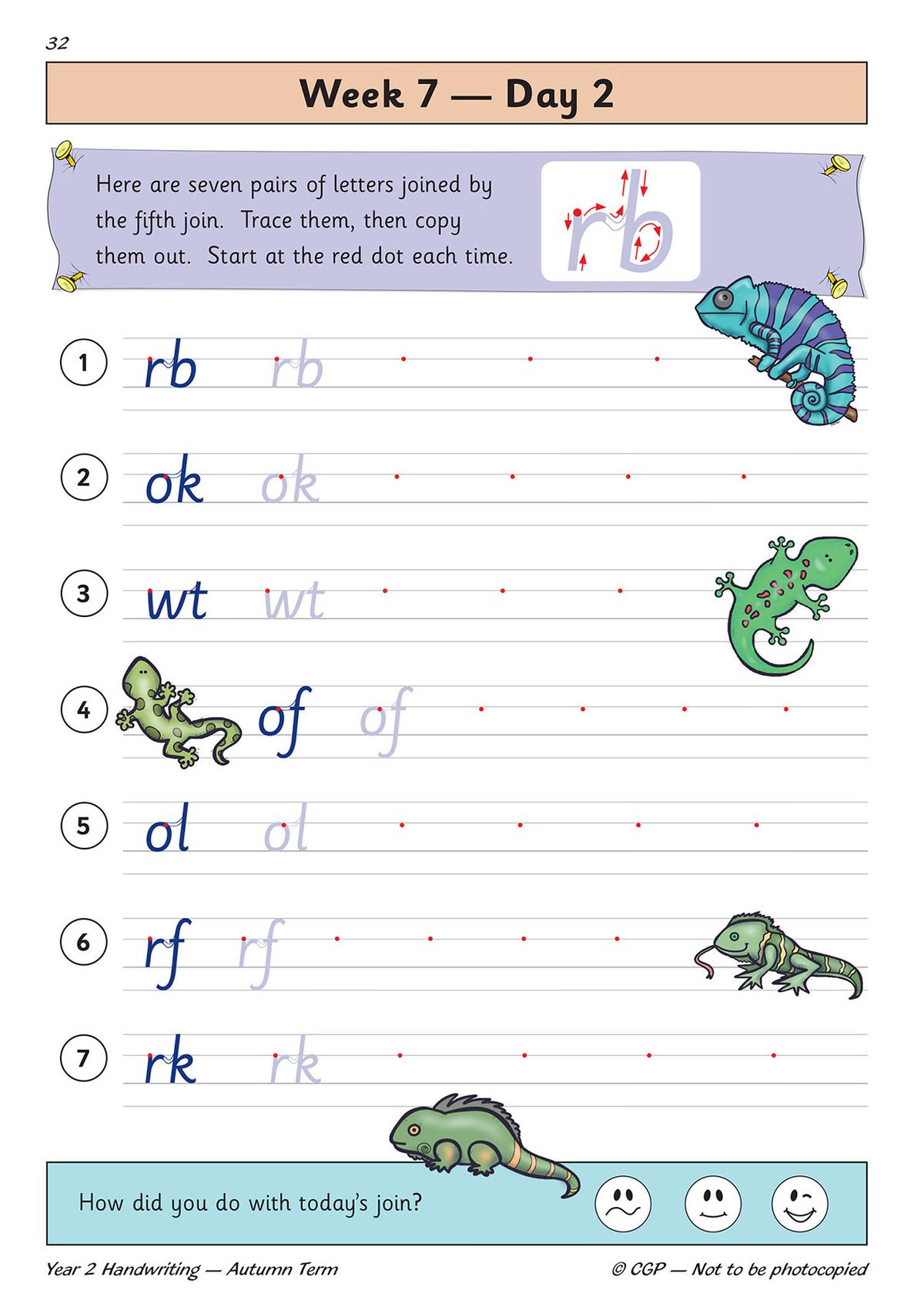Sample handwriting practice page showing joined letter pairs with tracing guides and fun gecko illustrations