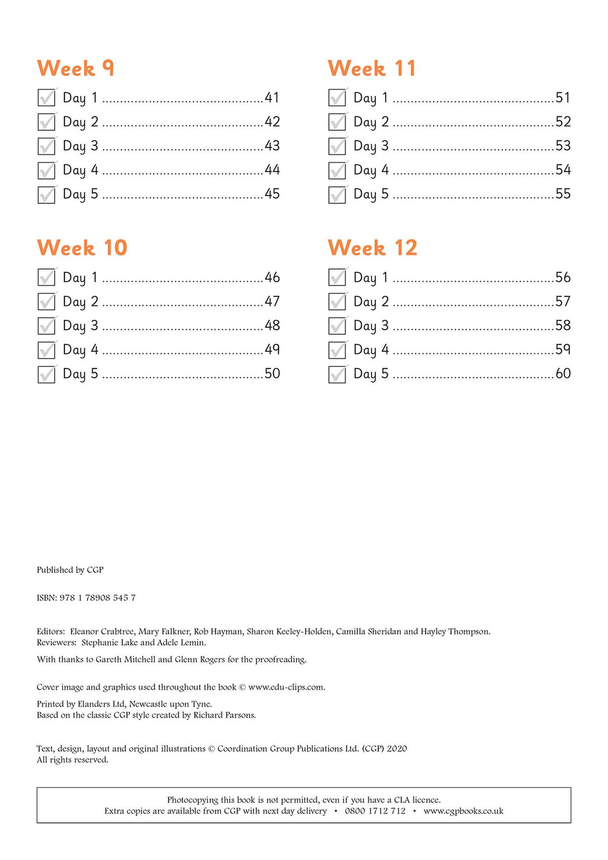 Weekly checklist spread showing days 1-5 for weeks 9-12 with tick boxes and page numbers