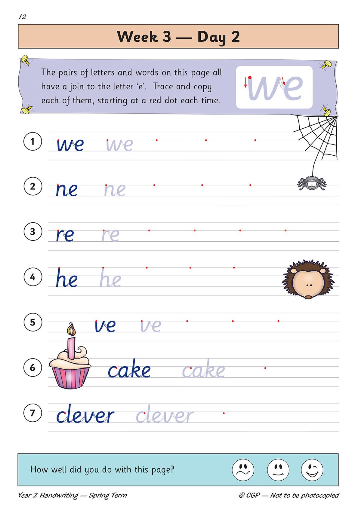 Example page showing joined-up letter practice for words ending in 'e'