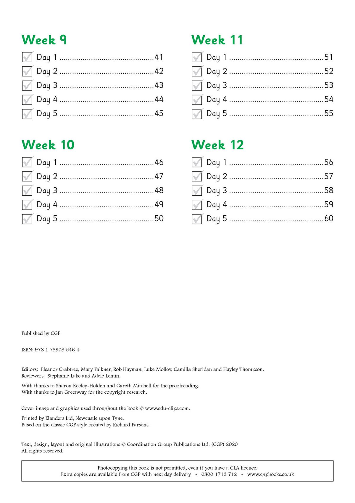 Contents page showing daily practice schedule across 12 weeks