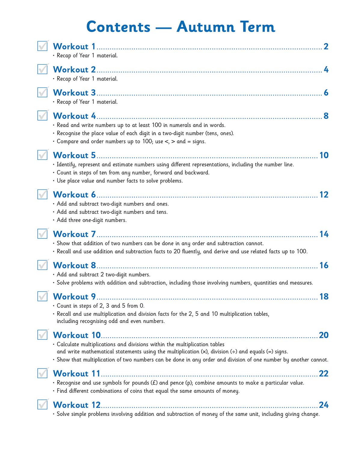 Contents page showing Autumn Term weekly workouts