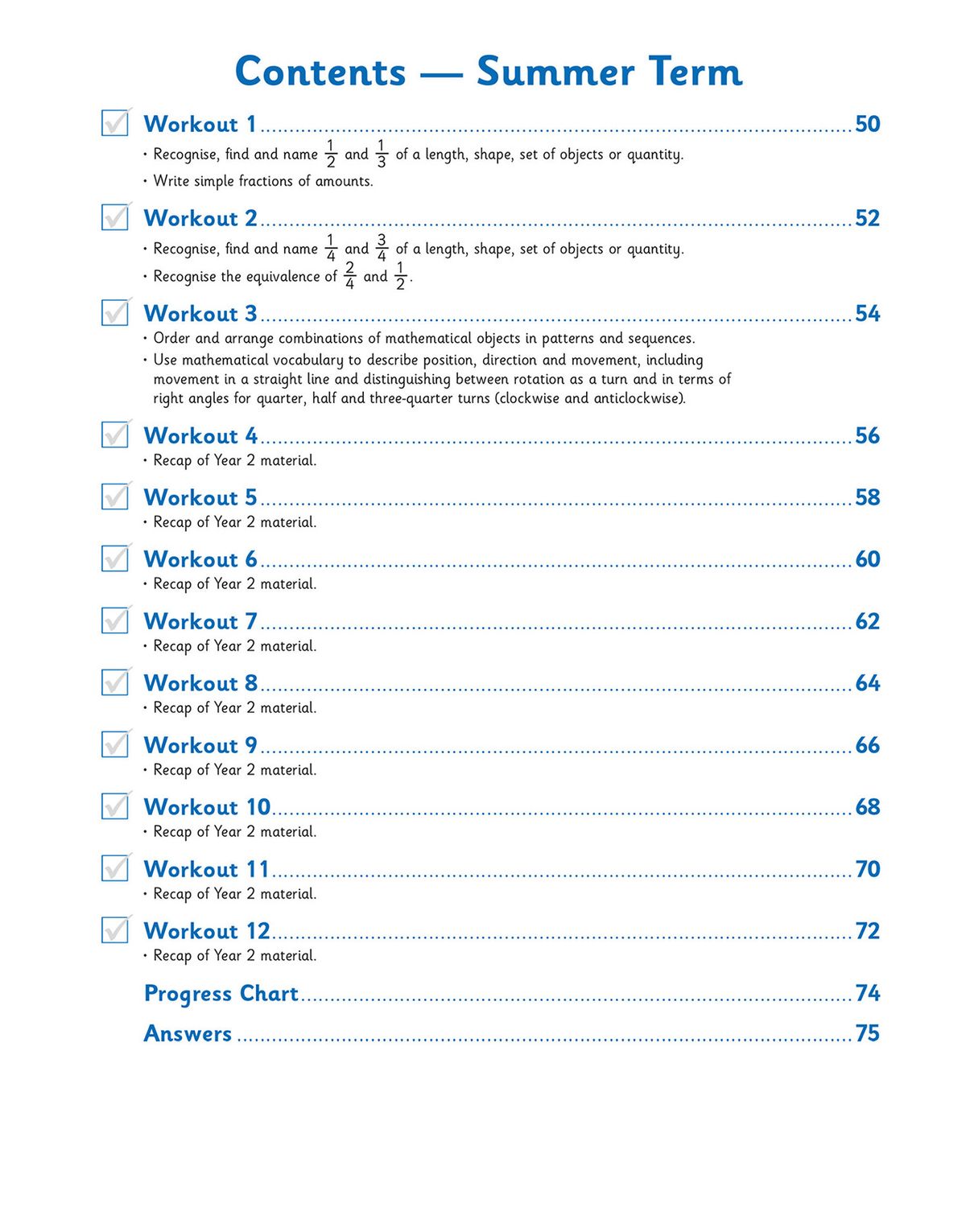 Contents page showing Summer Term weekly workouts