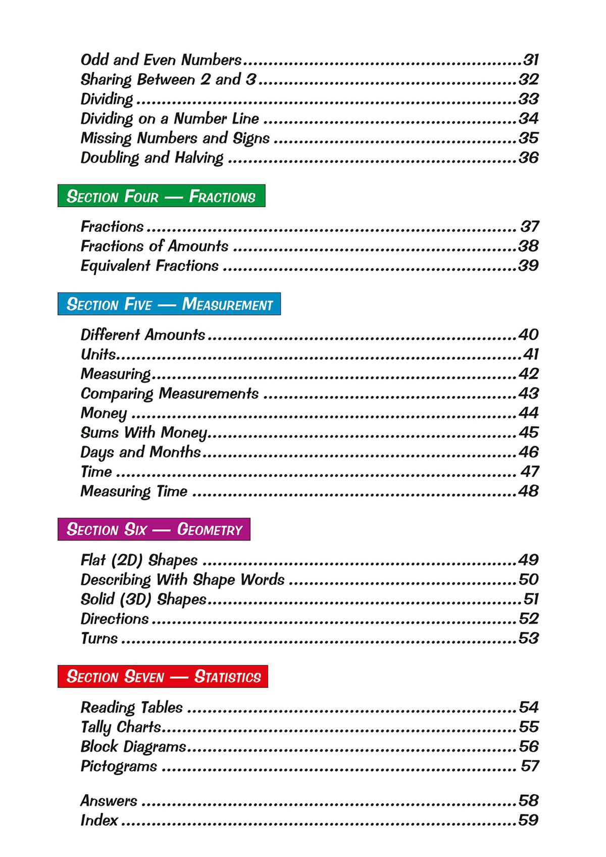 Contents page showing the sections and topics covered in the KS1 Maths Study Book