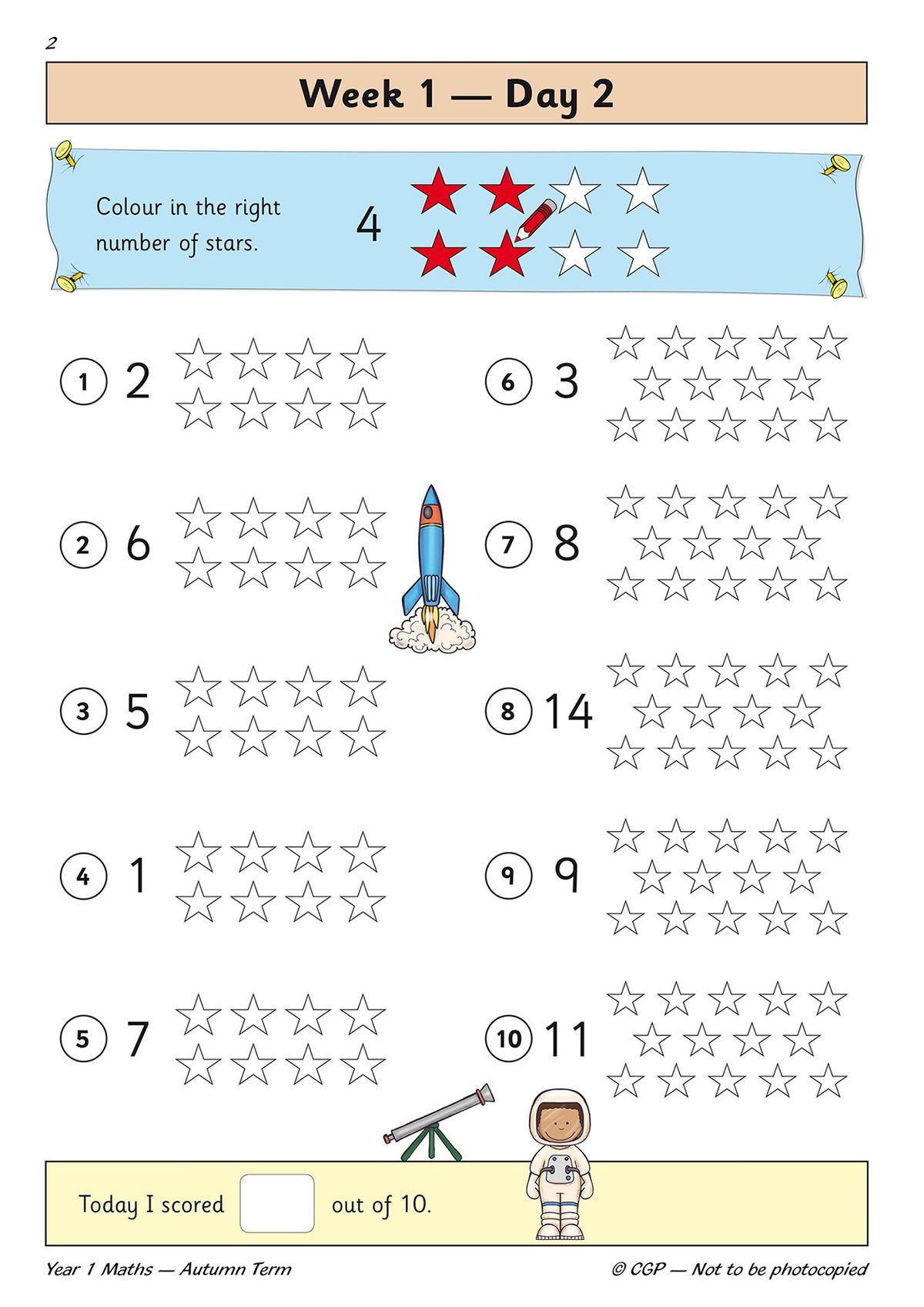 Colourful counting activity page with stars and a rocket