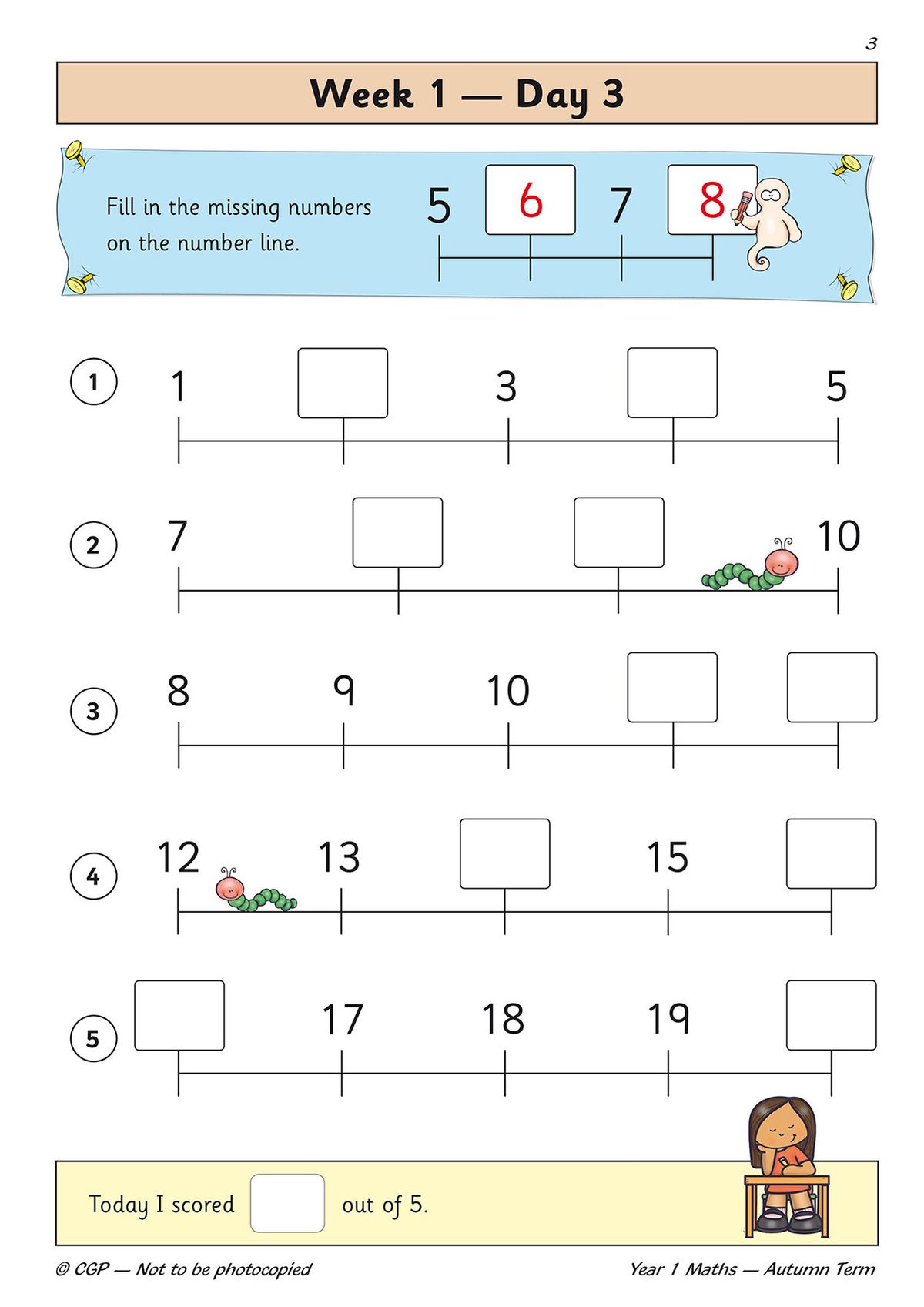 Number line activity with missing numbers and friendly cartoon characters