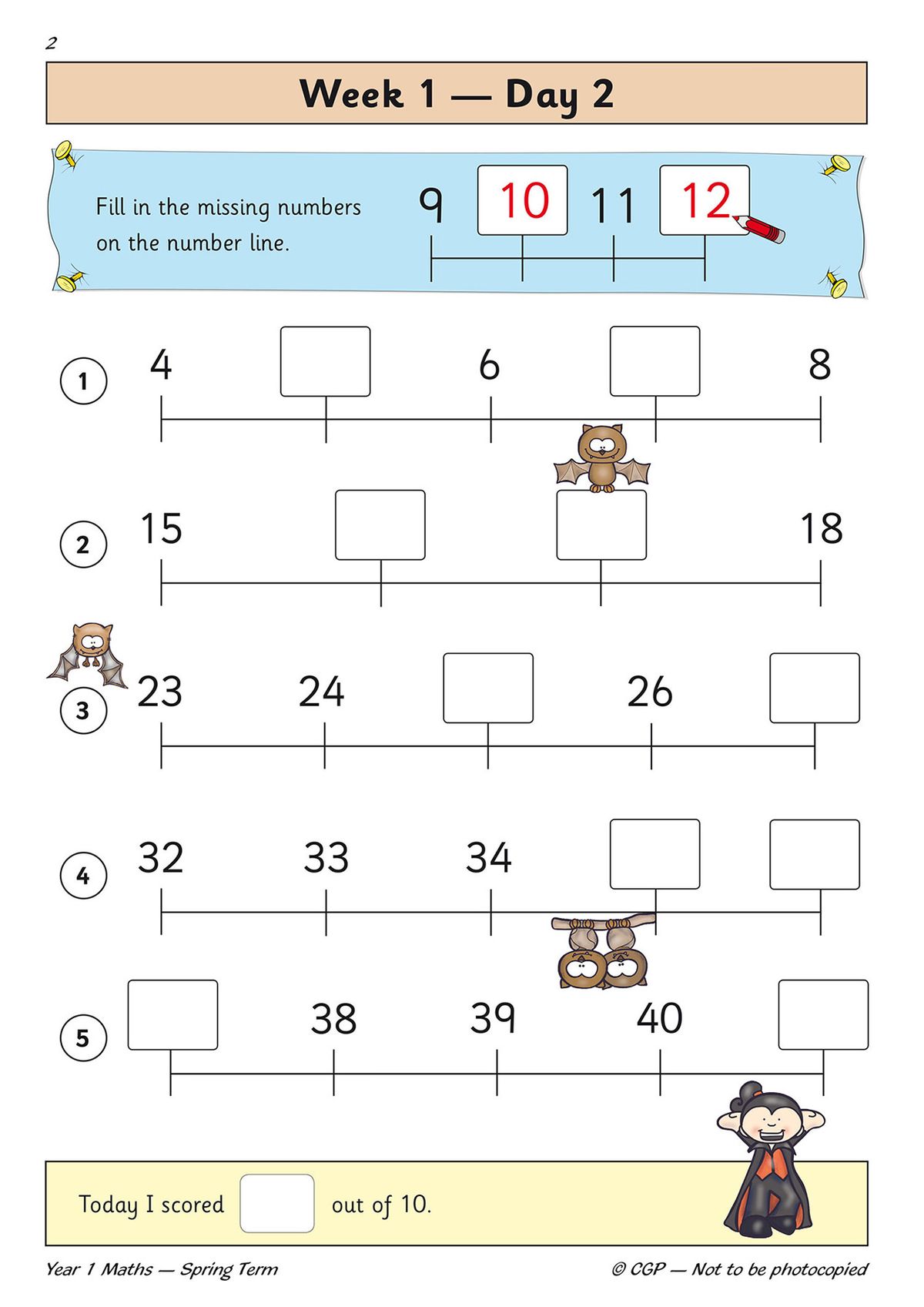 Daily practice page showing number line activities with missing numbers to fill in