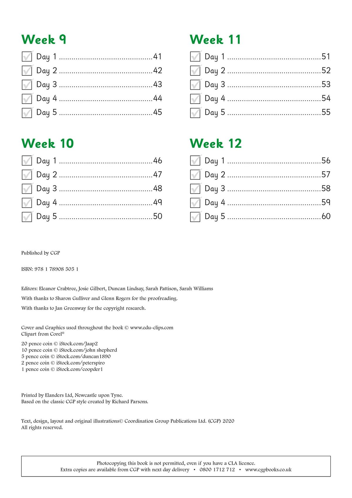 Contents page showing twelve weeks of daily activities organised by week and day