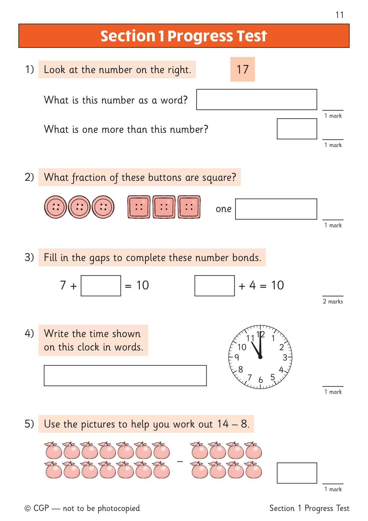 Sample page from Section One Test 1 showing varied mental arithmetic questions for Year 1
