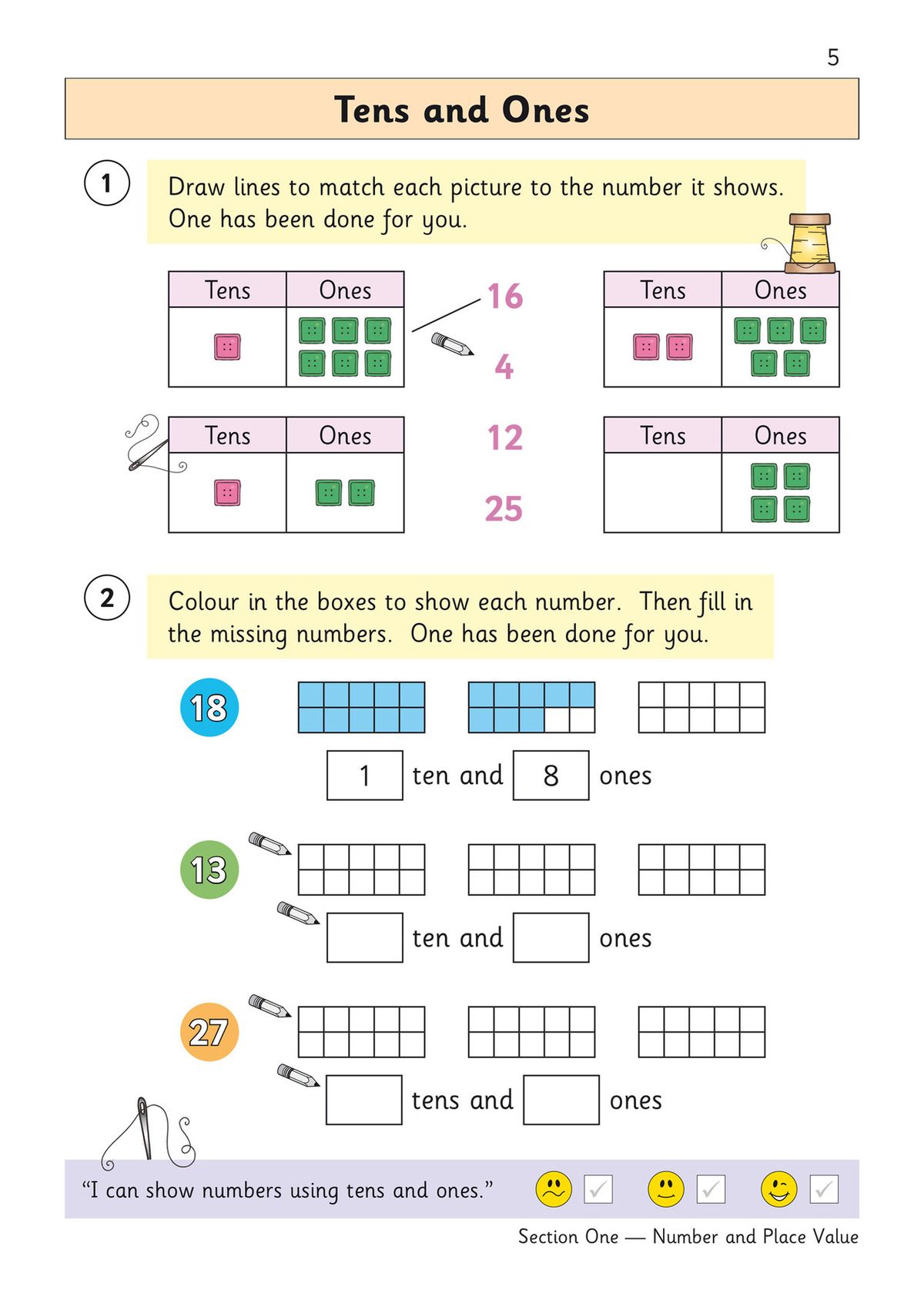 Sample page showing tens and ones exercises with colourful diagrams and space for answers