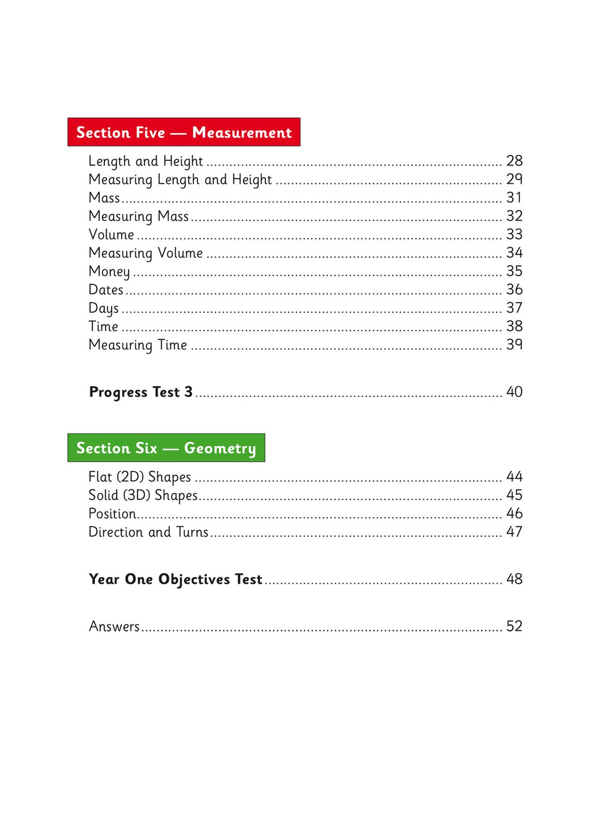Contents page showing six sections including Number and Place Value, Measurement, and Geometry