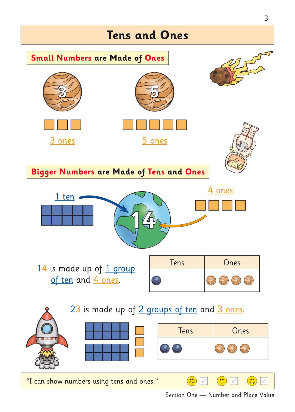 Sample page demonstrating tens and ones place value using visual tens frames and colourful illustrations