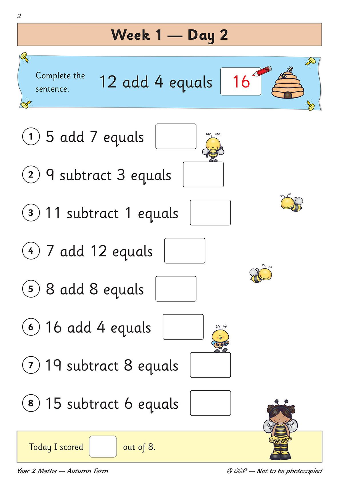 Daily maths practice page showing addition and subtraction questions with score box