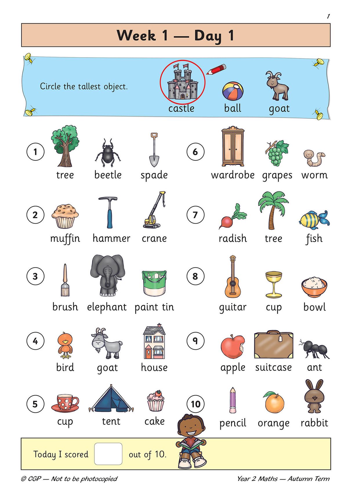 Children circle the tallest object in ten groups of pictures and write their score out of 10