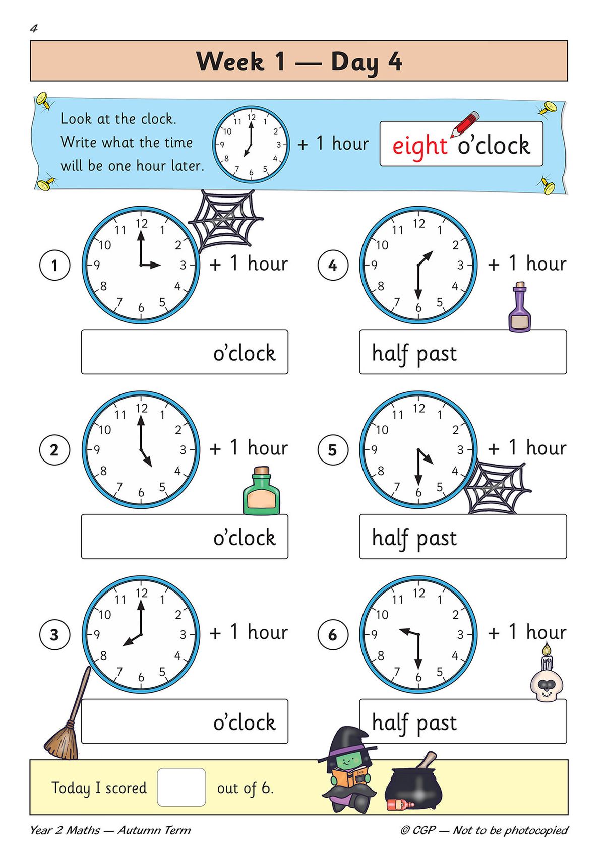 Children read clock faces, add one hour and write the new time in words, using Halloween-themed illustrations