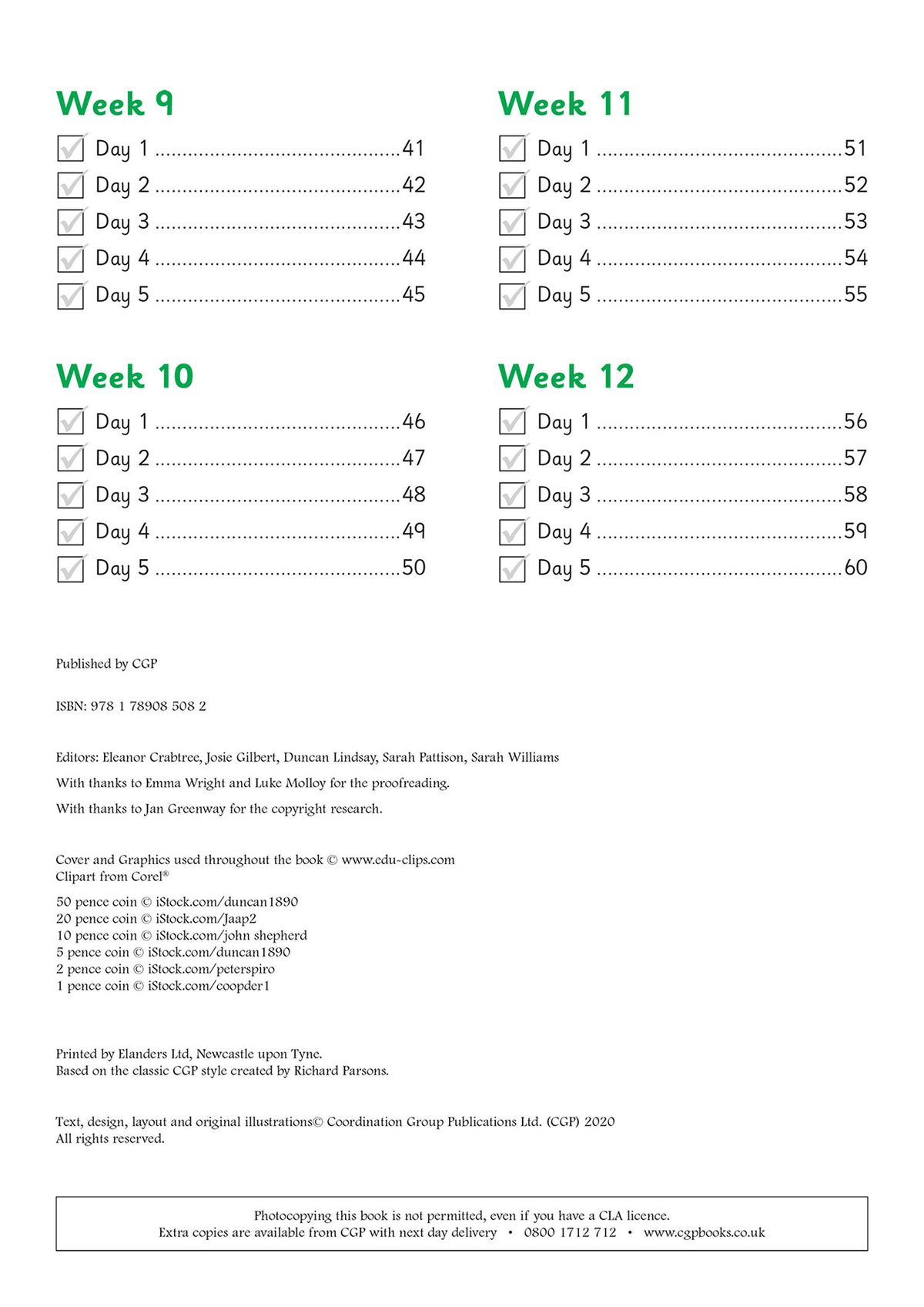 Contents page showing weekly structure with checkboxes for each day of practice
