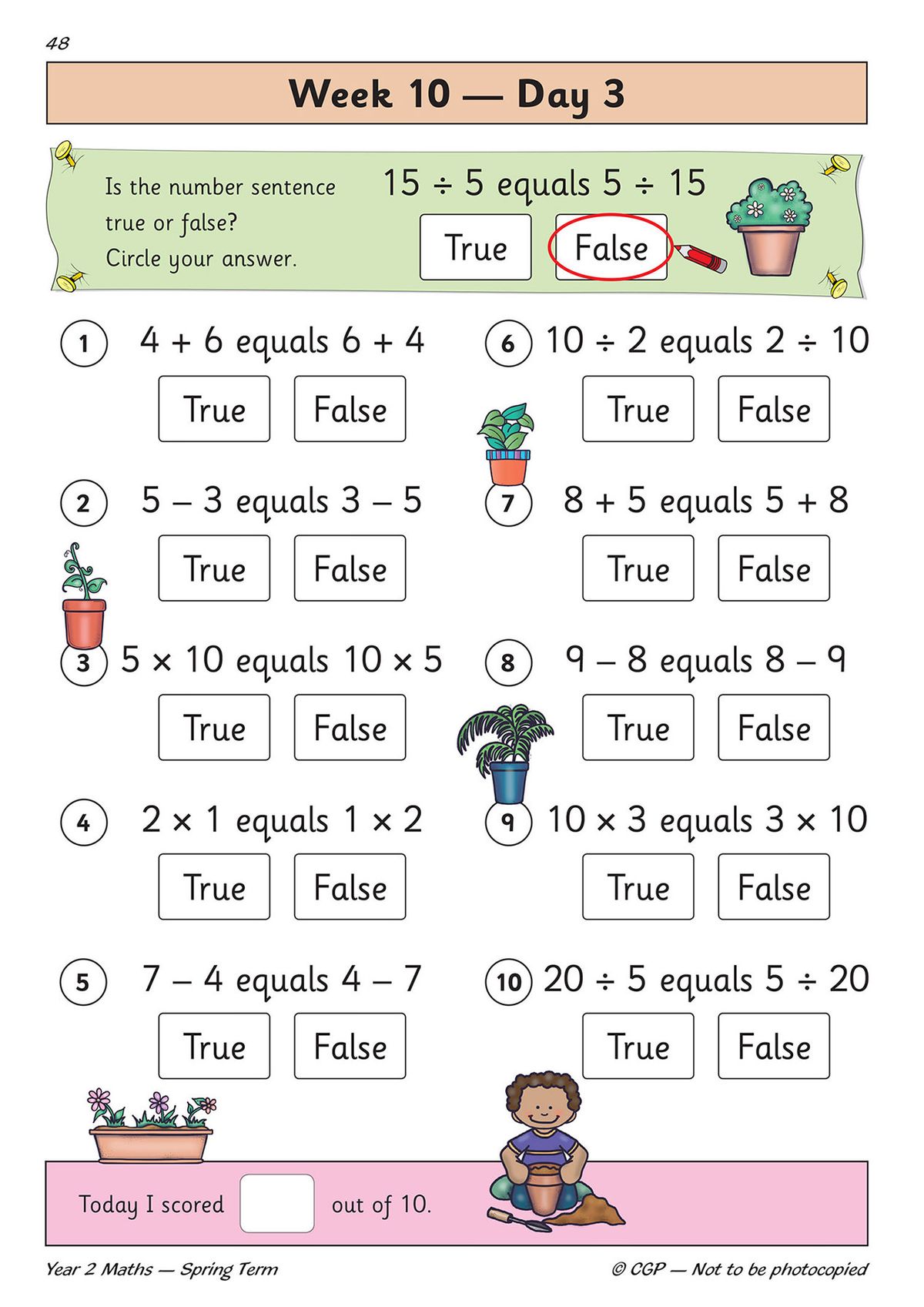 Sample daily practice page showing true or false maths questions with colourful plant illustrations