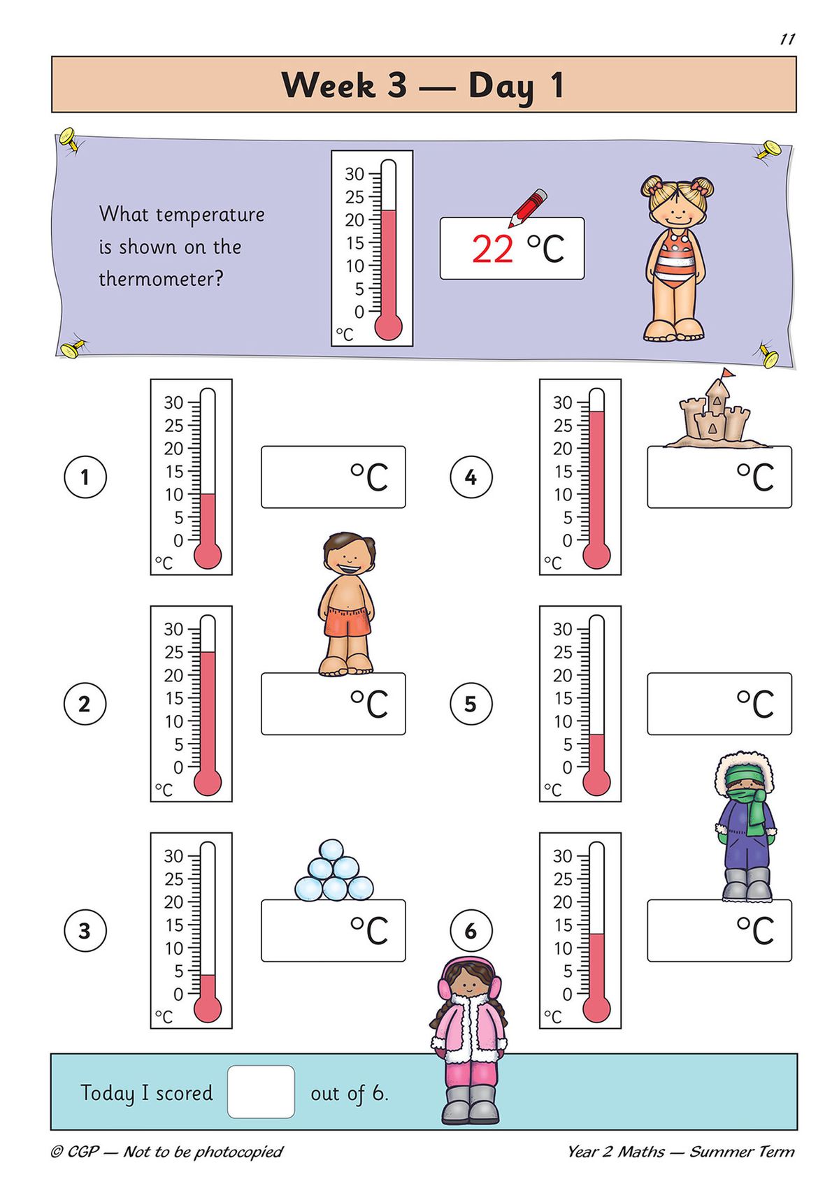 Temperature reading page with thermometer diagrams and colourful character illustrations