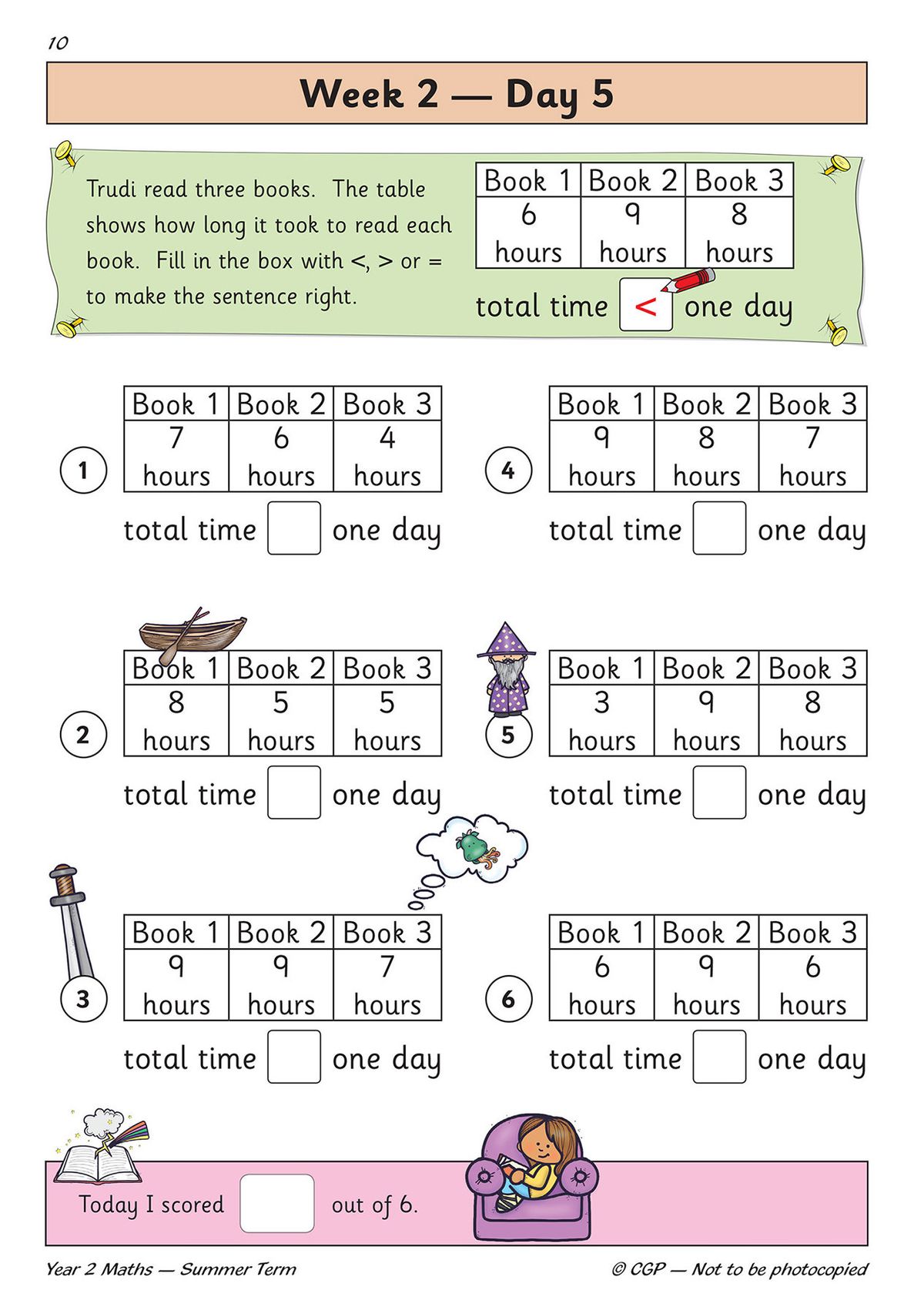 Problem-solving page showing time comparison questions with colourful illustrations