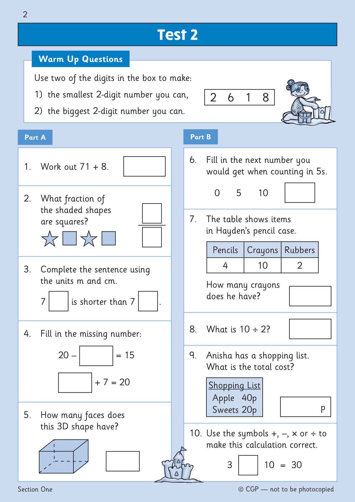 Sample pages from the KS1 Maths Year 2 Mental Arithmetic workbook showing practice questions