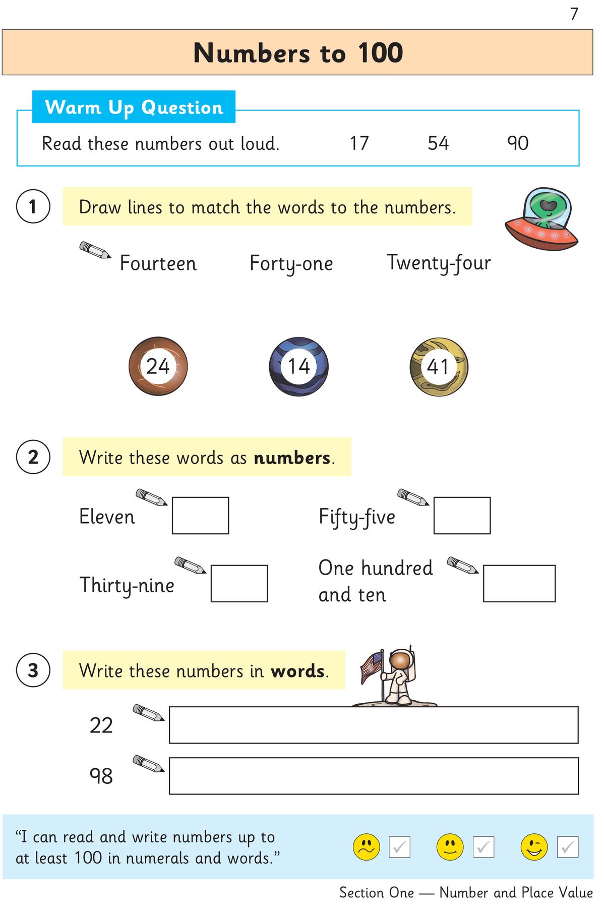 Sample page showing Numbers to 100 with warm-up questions and matching exercises
