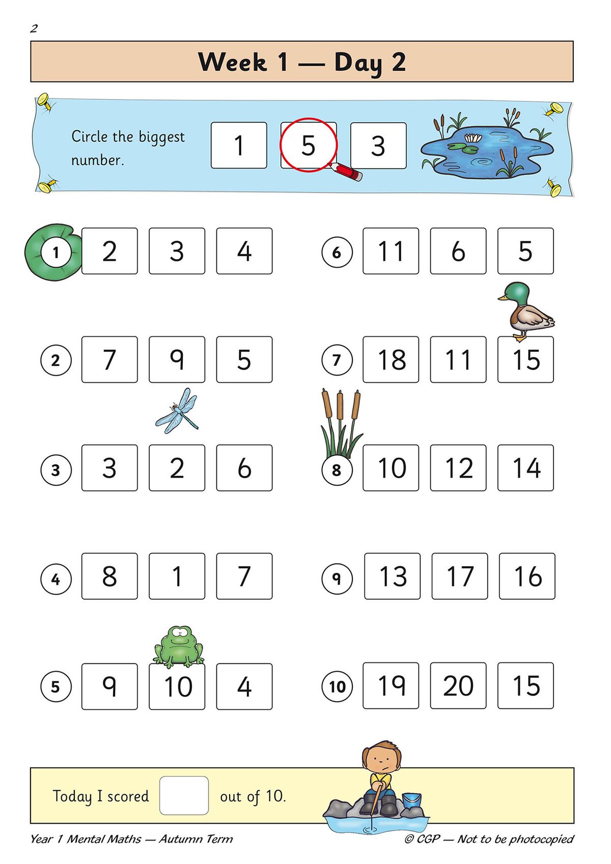 Sample page from Week 1 Day 2 showing number comparison and ordering activities with a scoring section