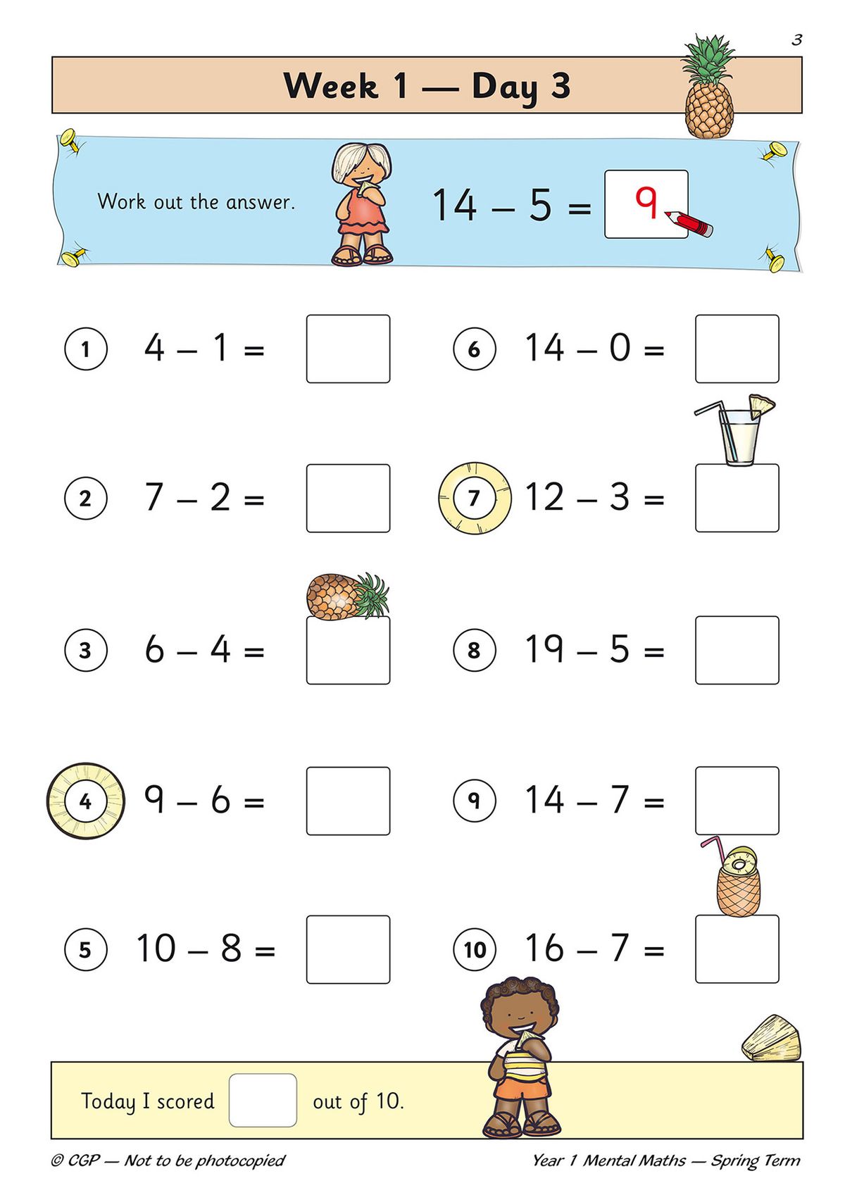 Sample page showing Week 1 Day 3 subtraction questions with fun illustrations and score tracker