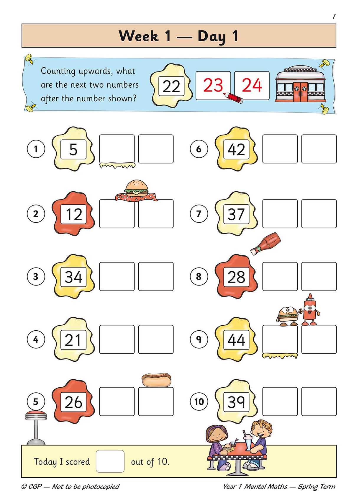 Sample page showing Week 1 Day 1 counting activities with colourful character illustrations