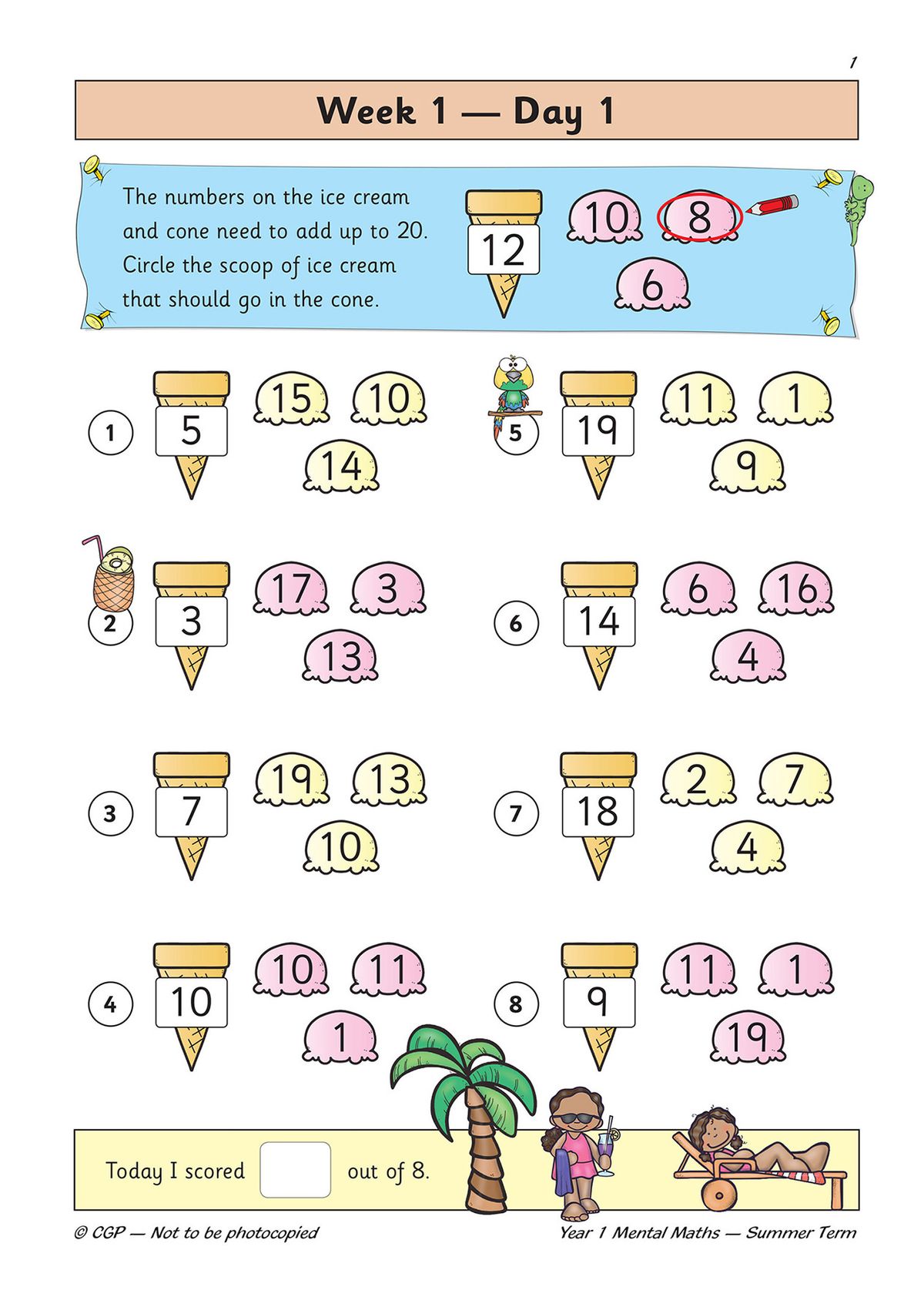 Sample page showing Week 1 Day 1 ice cream themed addition activities