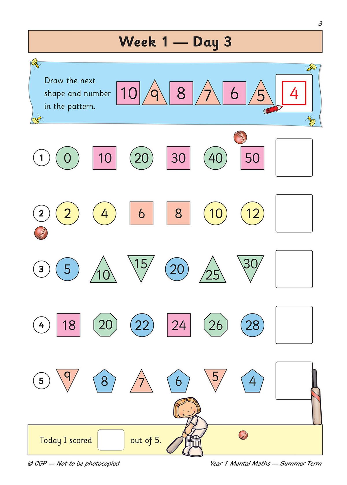 Sample page showing Week 1 Day 3 pattern and counting exercises