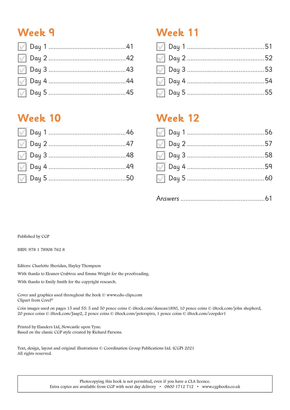 Contents page showing weekly structure and answer section reference