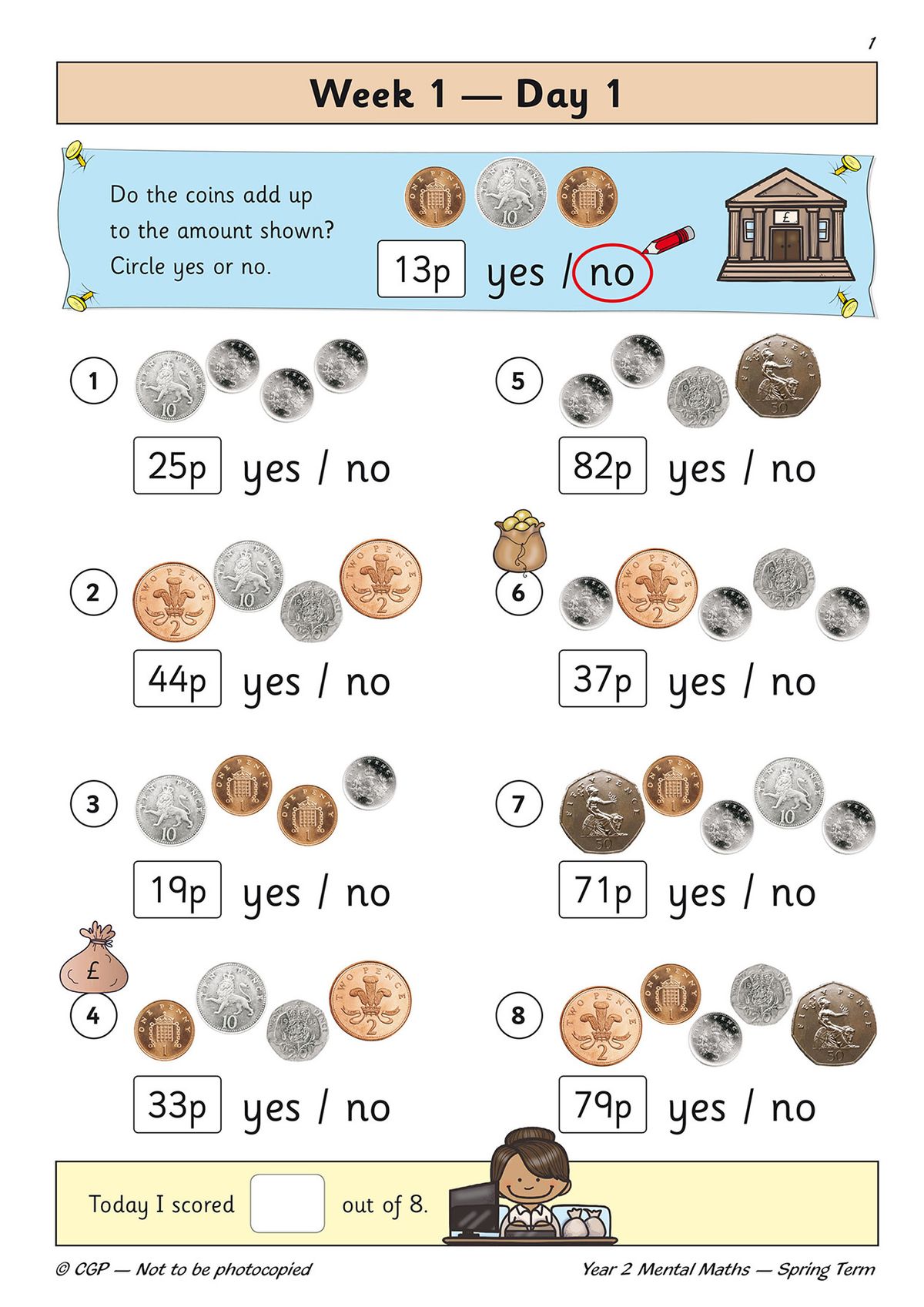 Sample page showing Week 1 Day 1 with coin addition questions and yes/no answers